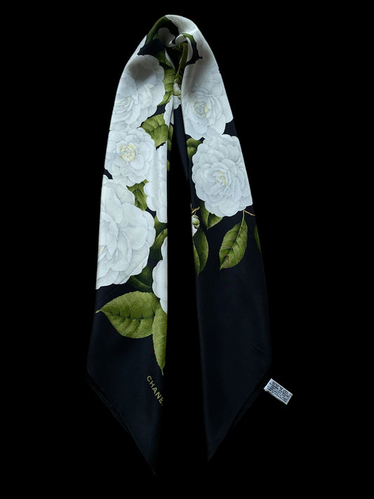 CHANEL Vintage Black Floral Silk Scarf (87 cm by 87 cm) Hand rolled Hem.