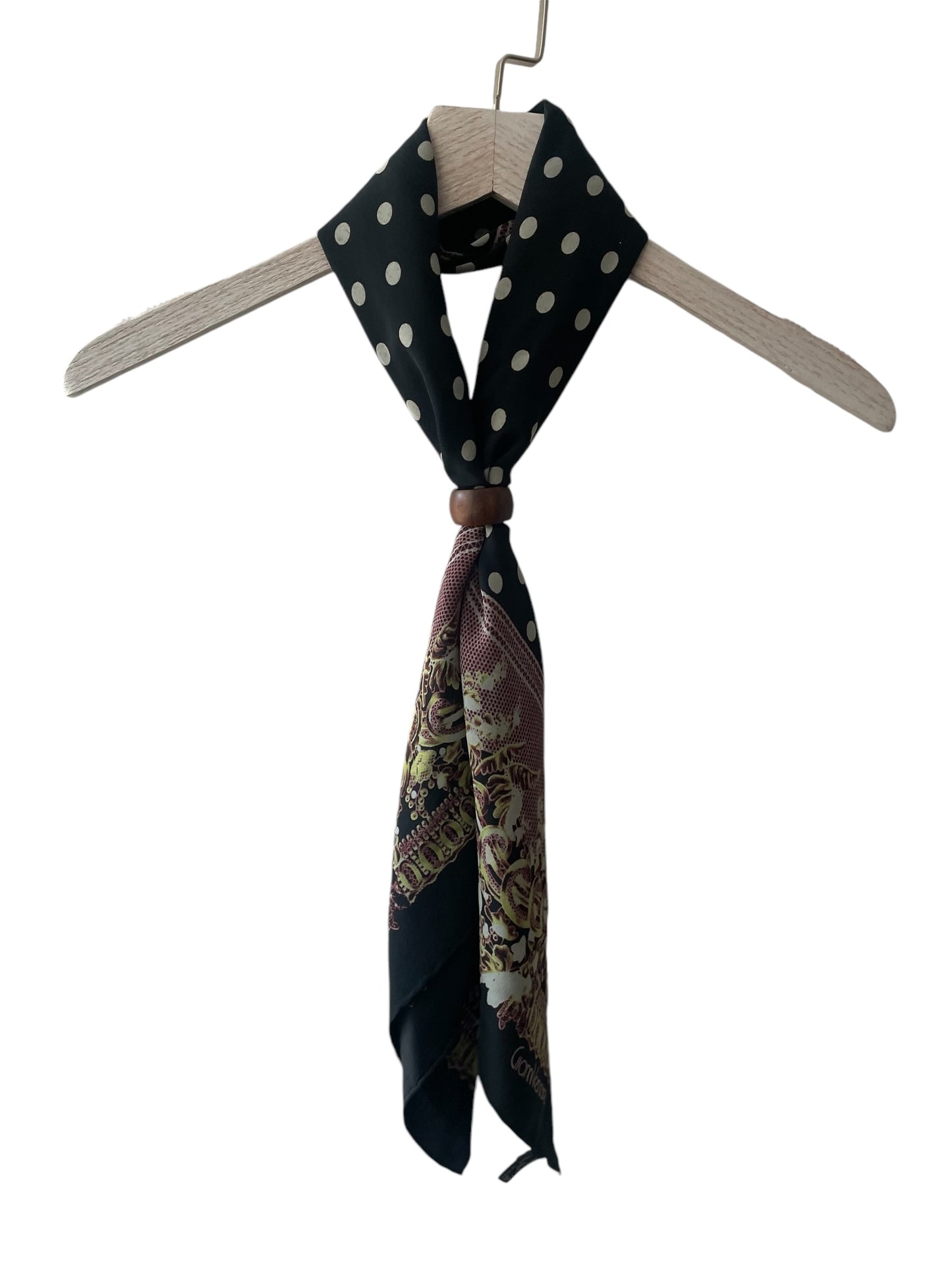 Vintage Black Polka Dots/ Baroque Crepe Silk Scarf by GIANNI VERSACE (84 cm by 90 cm) Hand rolled edges.