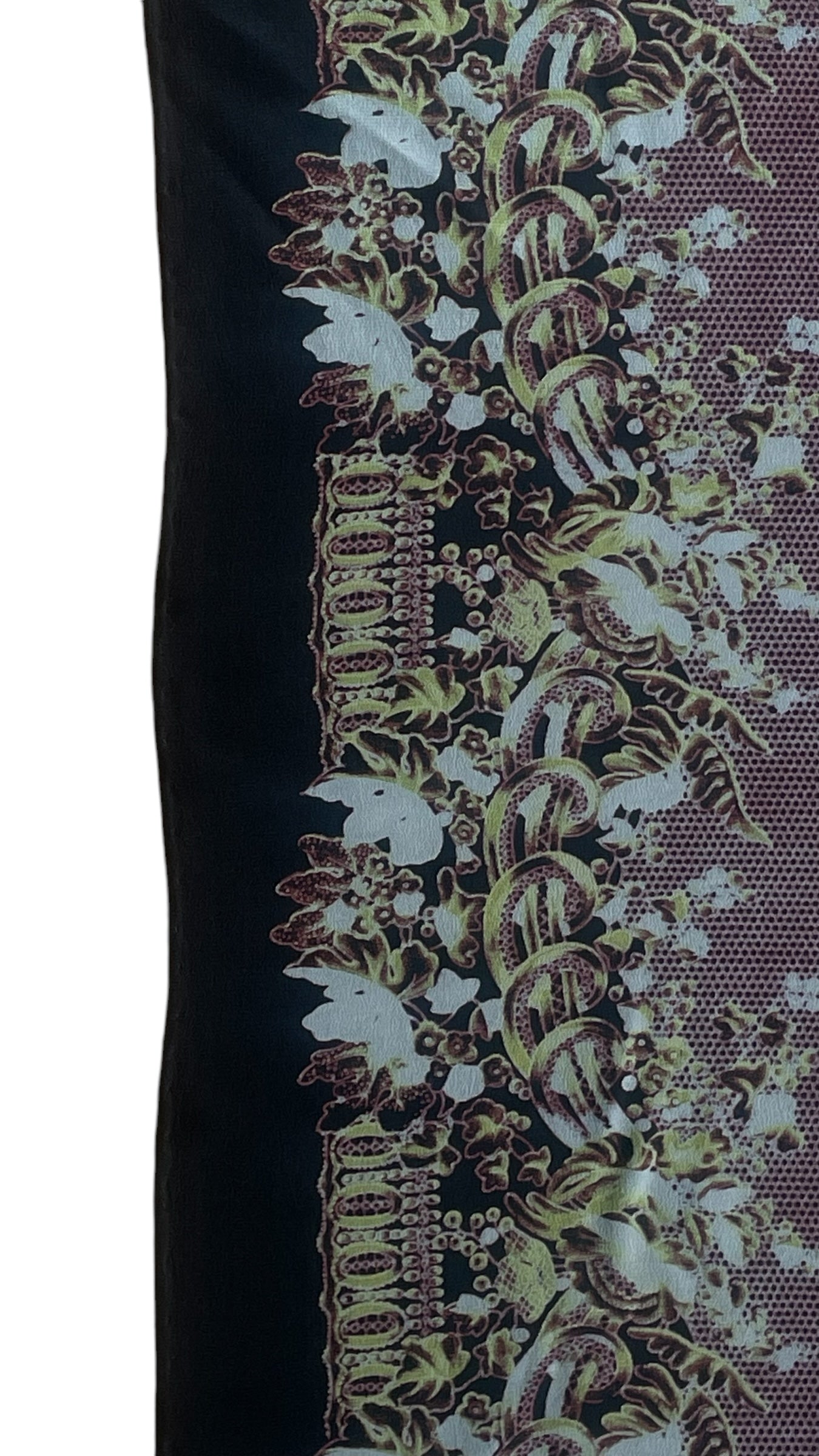 Vintage Black Polka Dots/ Baroque Crepe Silk Scarf by GIANNI VERSACE (84 cm by 90 cm) Hand rolled edges.