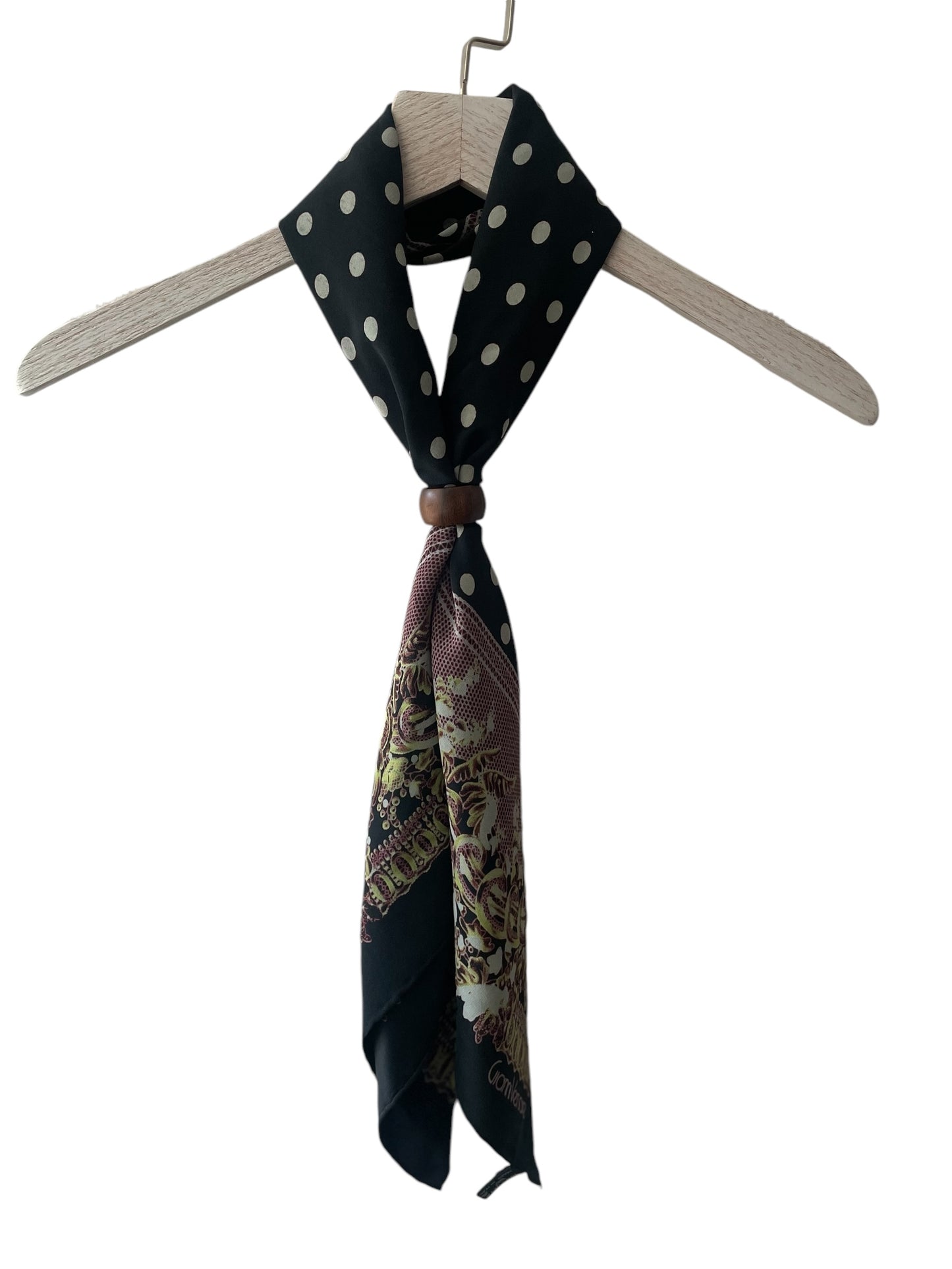 Vintage Black Polka Dots/ Baroque Crepe Silk Scarf by GIANNI VERSACE (84 cm by 90 cm) Hand rolled edges.