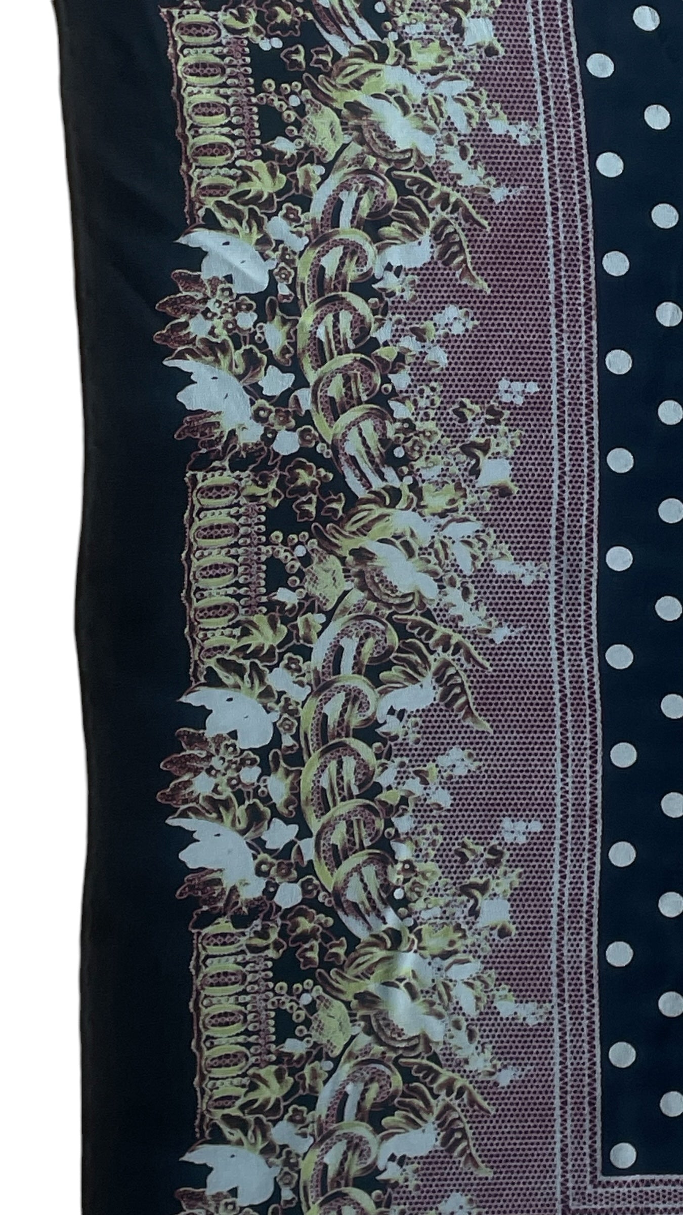 Vintage Black Polka Dots/ Baroque Crepe Silk Scarf by GIANNI VERSACE (84 cm by 90 cm) Hand rolled edges.