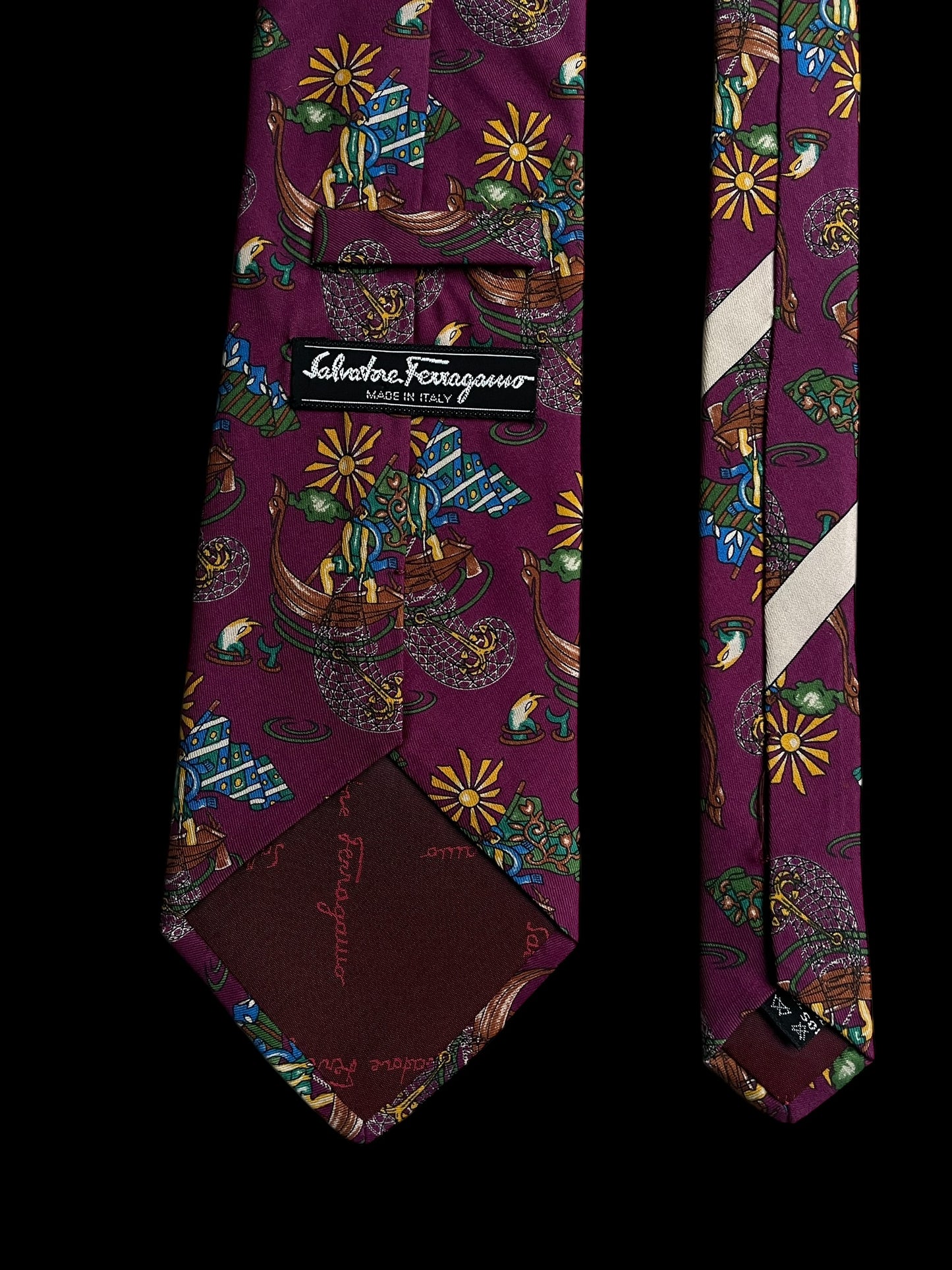 SALVATORE FERRAGAMO Vintage Dark Purple Novelty Silk Tie (9.4 cm by 140 cm) New in Box.