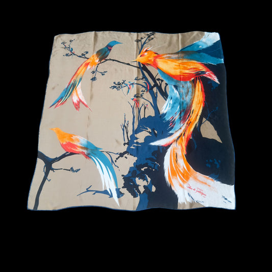 JEHAU de FABREGUES Vintage Brown Exotic Crepe Silk Scarf (75 cm by 76.5 cm)