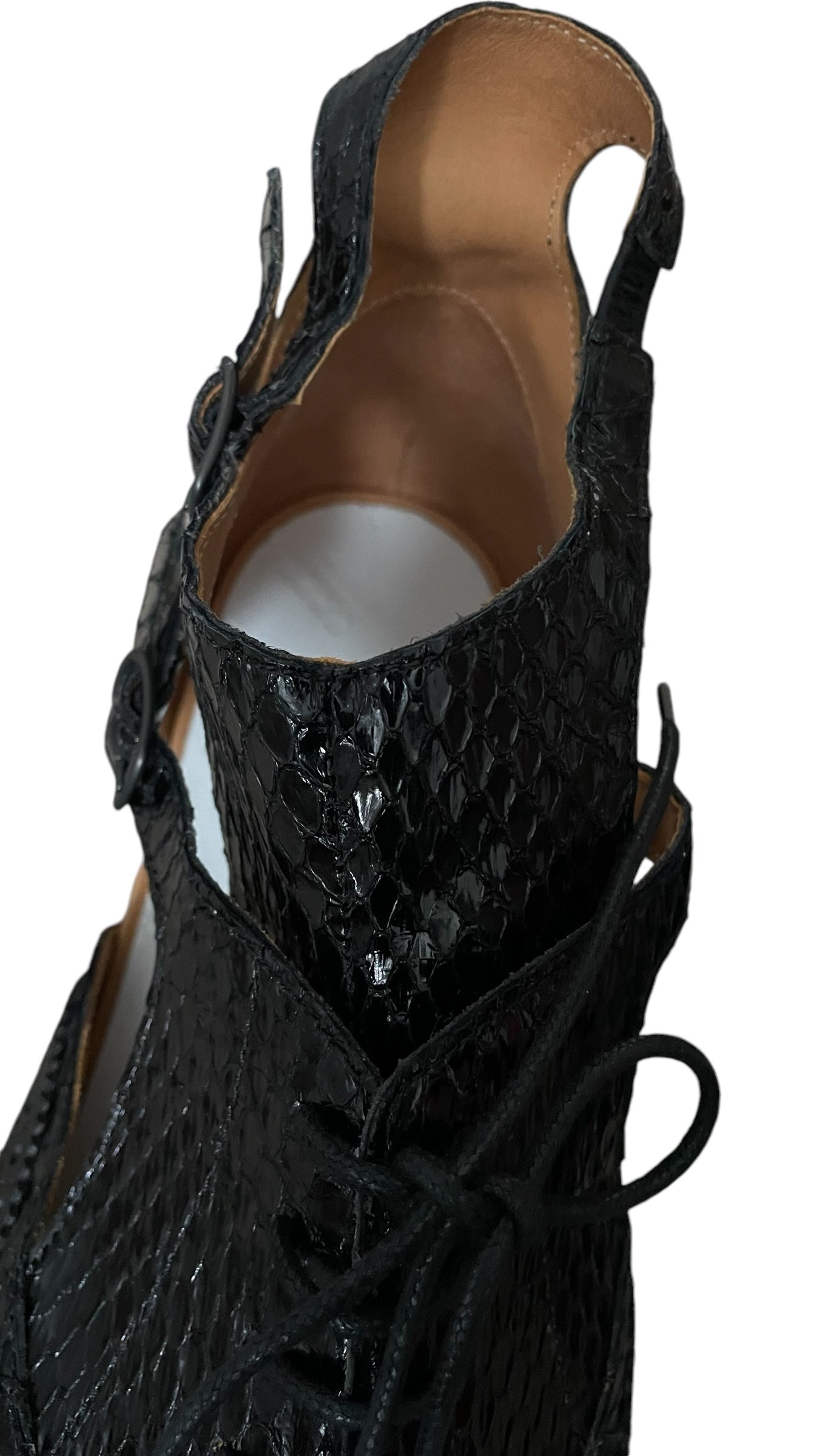 MAISON MARGIELA Women’s Black Leather Lace-Up Open Shoes (Euro Size 41) U.K. 8