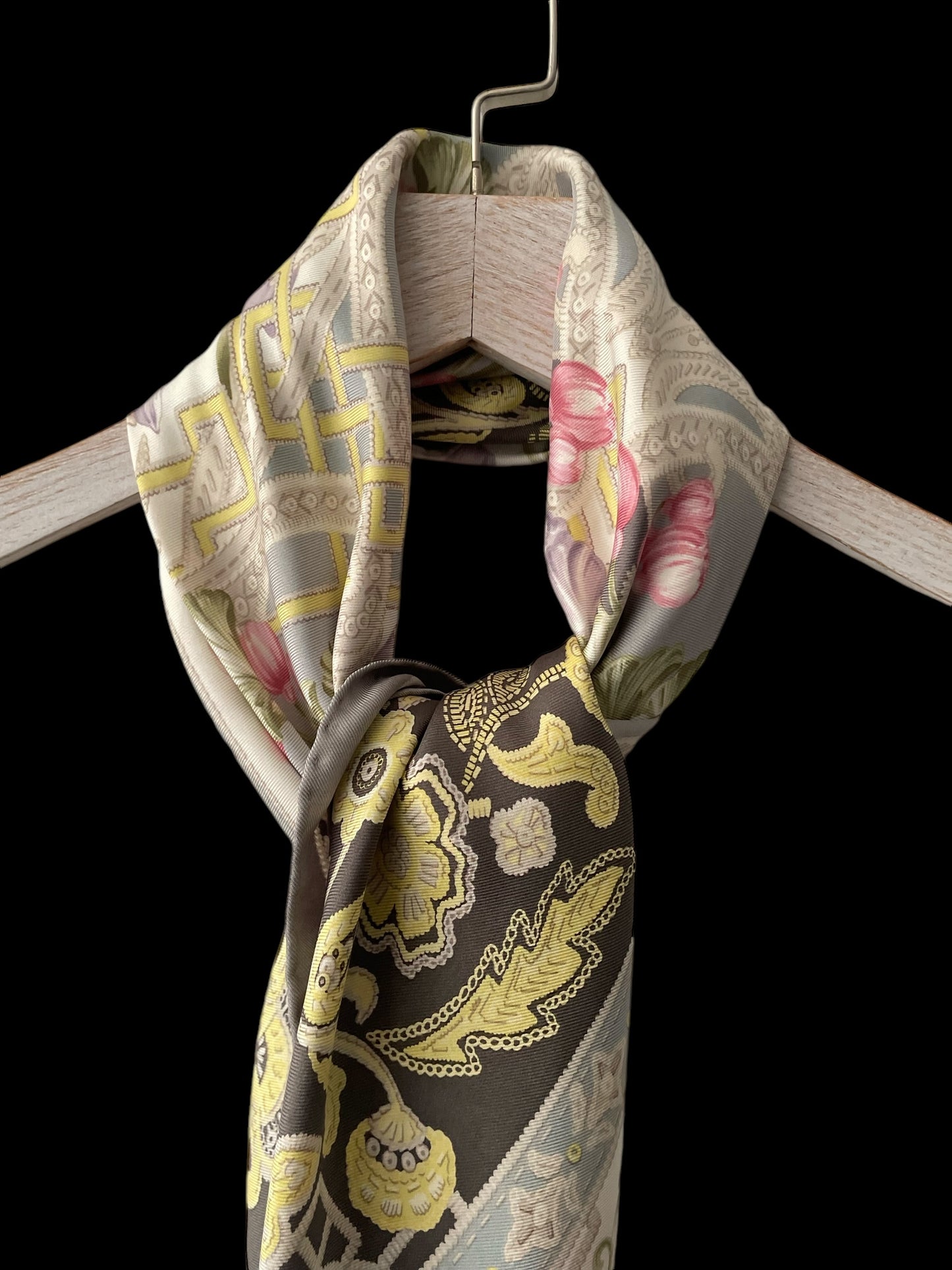 ETRO Vintage Grey Floral Silk Scarf (88 cm by 90 cm) Hand Rolled Hem.