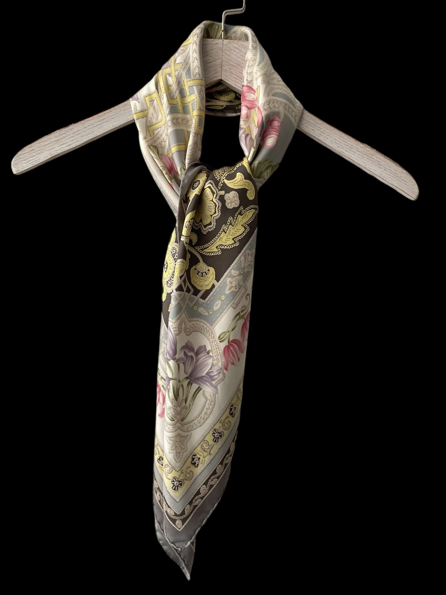 ETRO Vintage Grey Floral Silk Scarf (88 cm by 90 cm) Hand Rolled Hem.