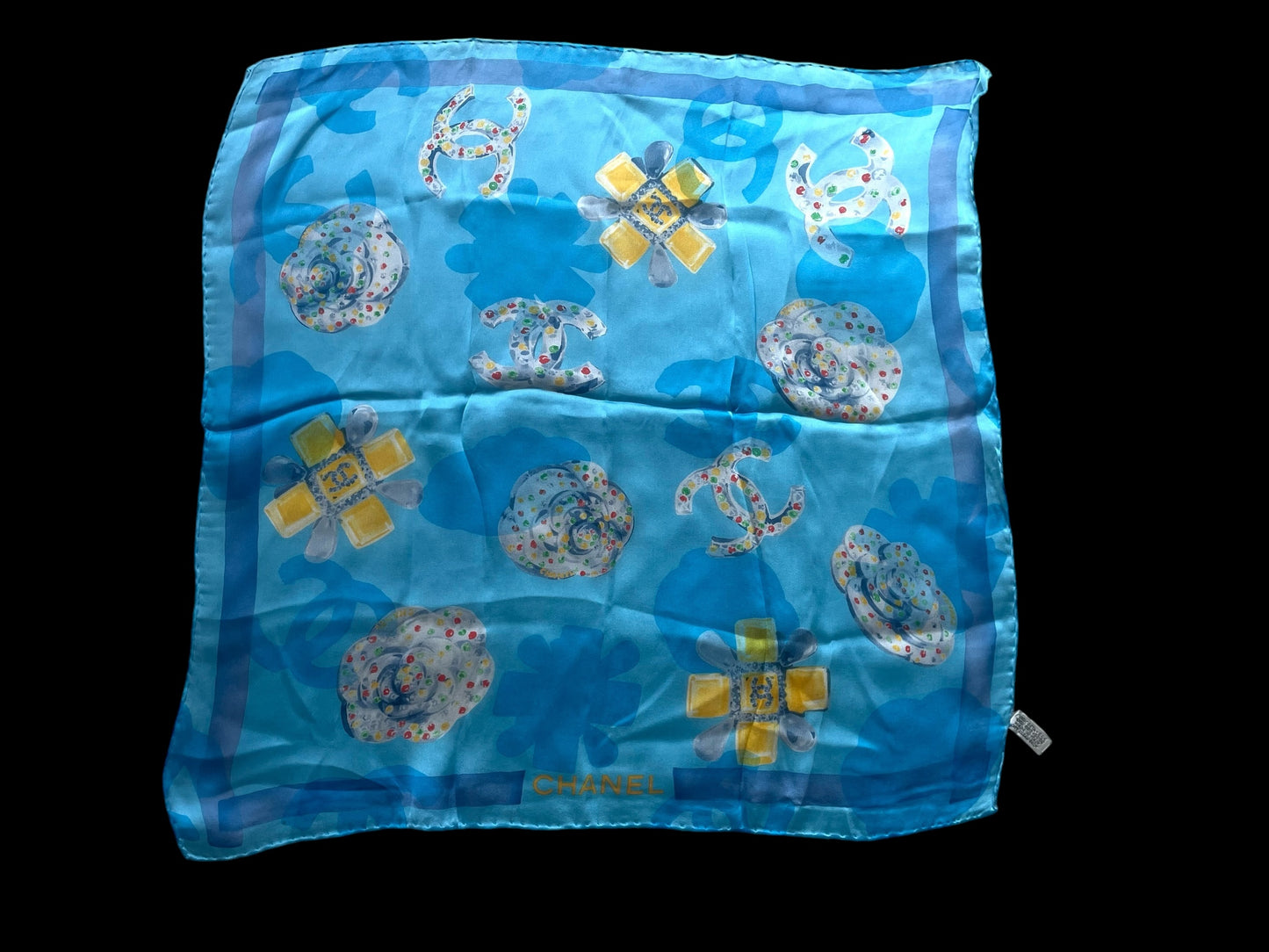 CHANEL Vintage Light Blue Floral Crepe Silk Chiffon Scarf (58 cm by 58 cm) Hand rolled Hem.