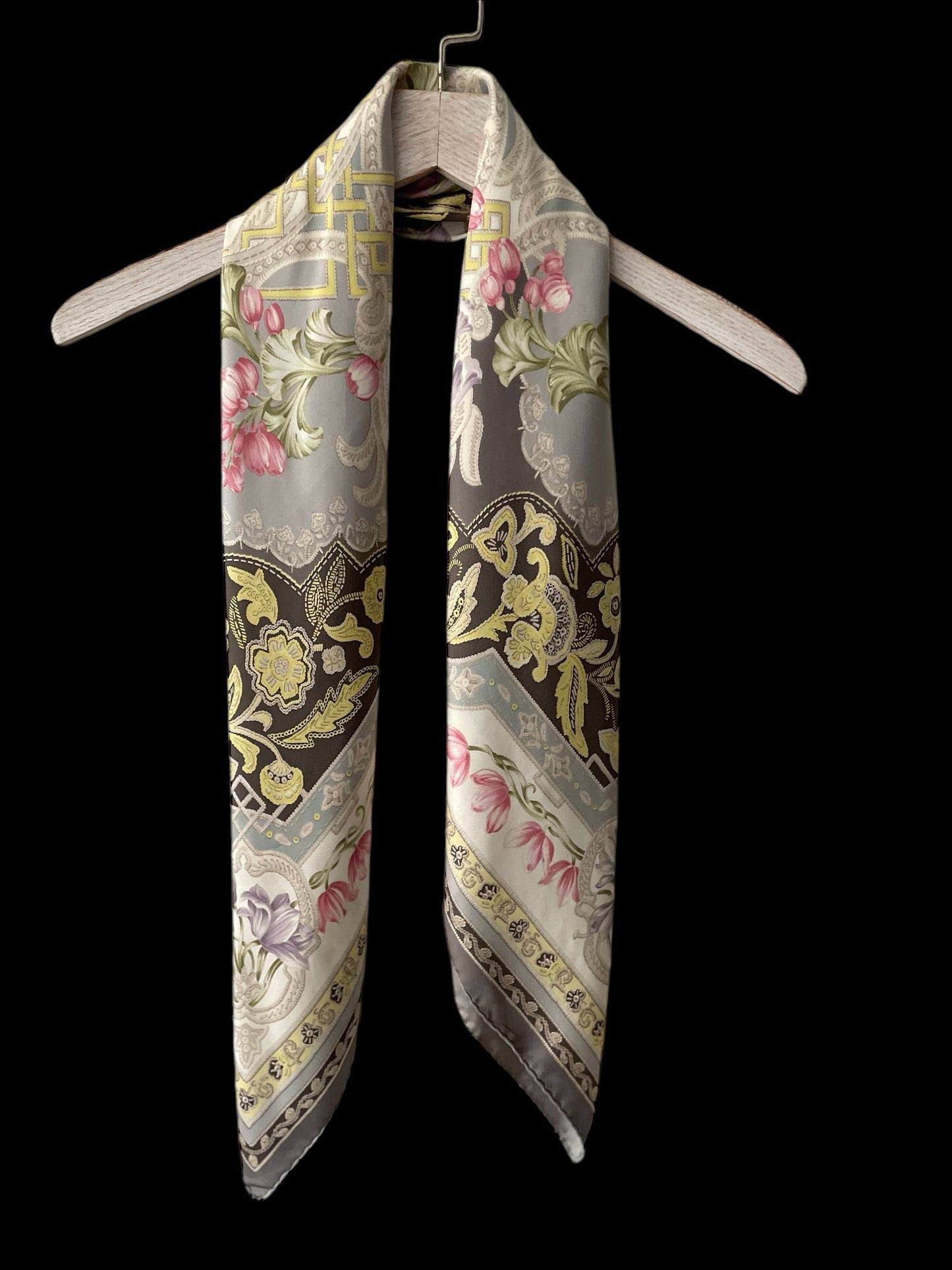 ETRO Vintage Grey Floral Silk Scarf (88 cm by 90 cm) Hand Rolled Hem.