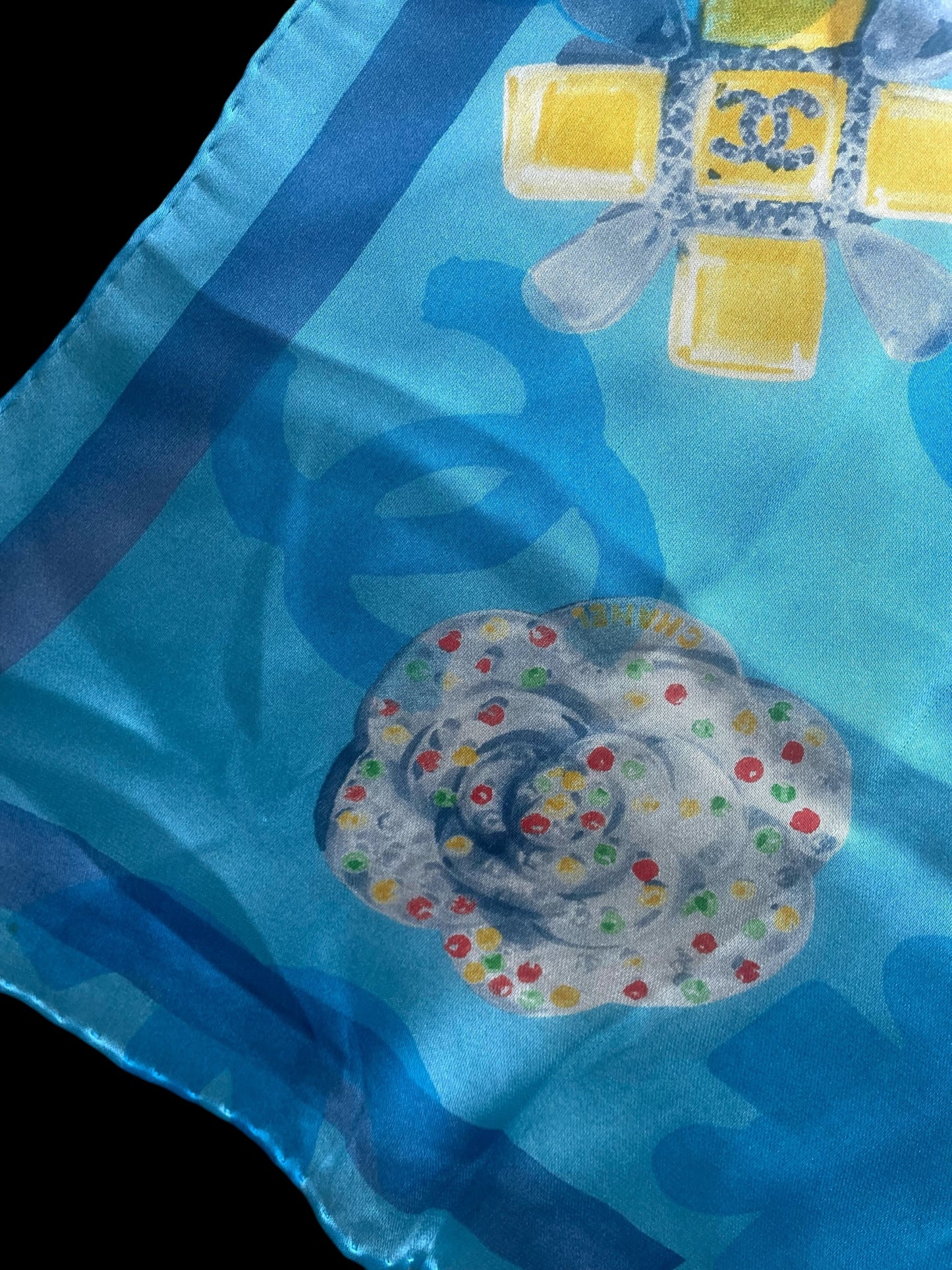 CHANEL Vintage Light Blue Floral Crepe Silk Chiffon Scarf (58 cm by 58 cm) Hand rolled Hem.