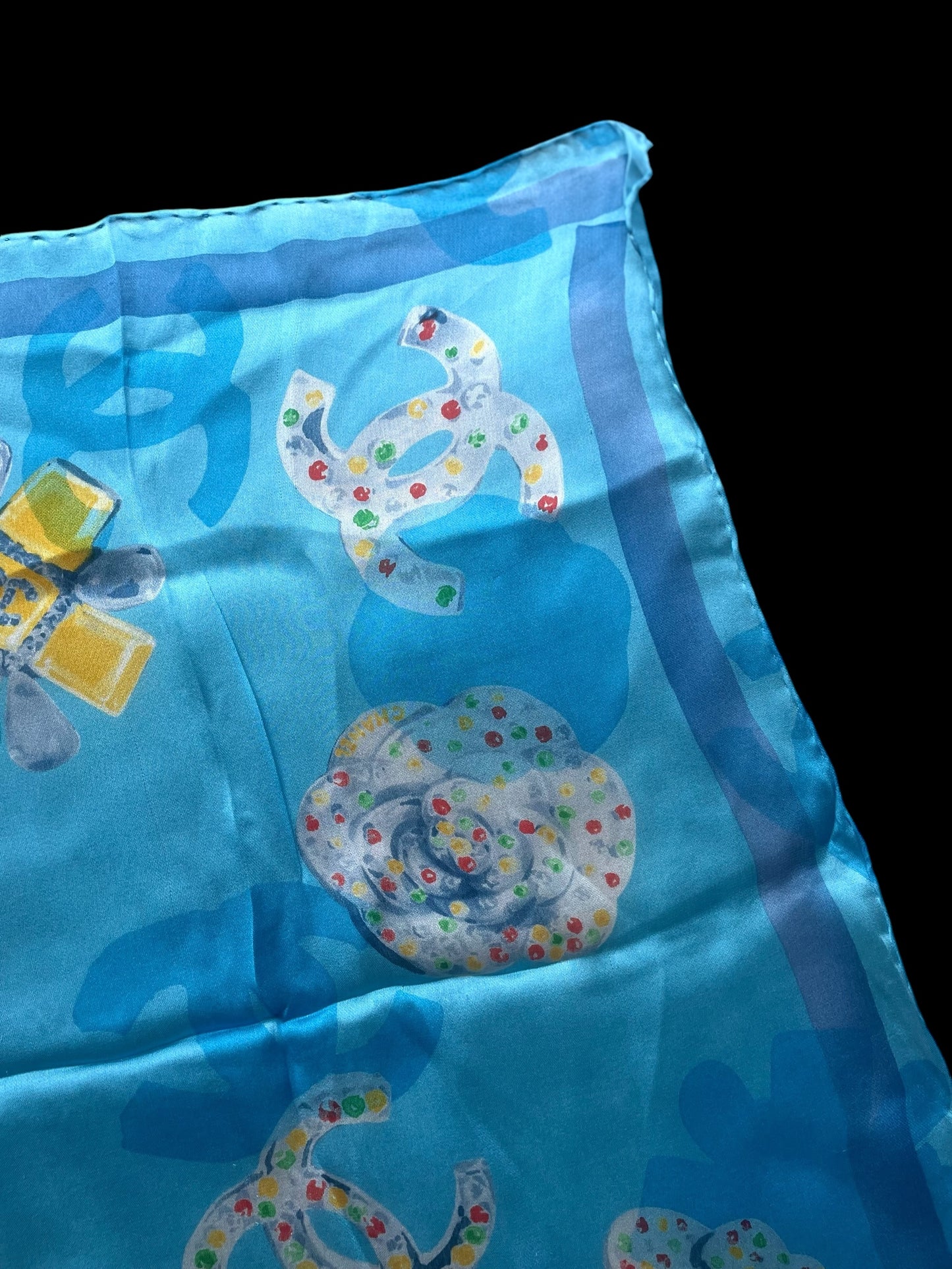 CHANEL Vintage Light Blue Floral Crepe Silk Chiffon Scarf (58 cm by 58 cm) Hand rolled Hem.