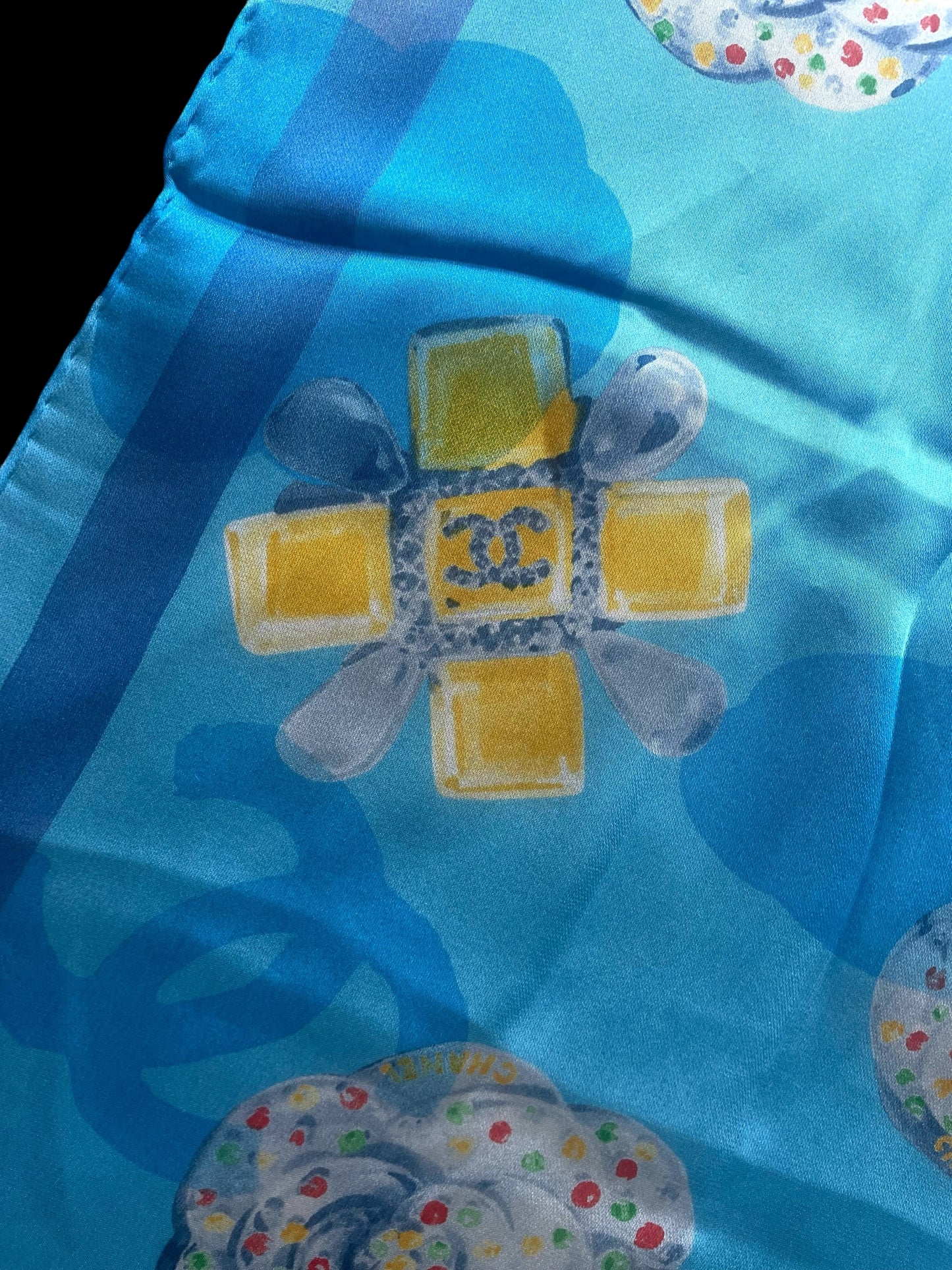 CHANEL Vintage Light Blue Floral Crepe Silk Chiffon Scarf (58 cm by 58 cm) Hand rolled Hem.