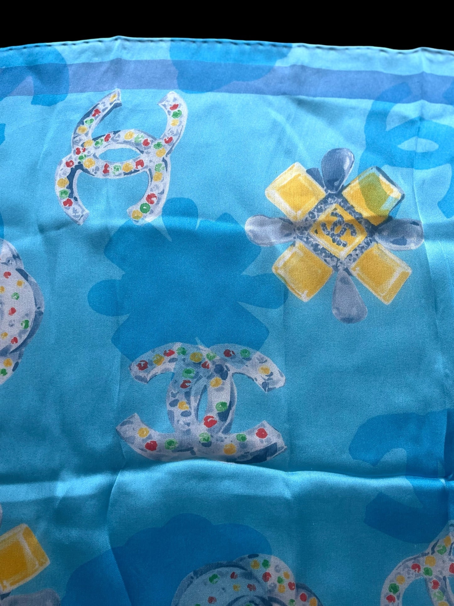 CHANEL Vintage Light Blue Floral Crepe Silk Chiffon Scarf (58 cm by 58 cm) Hand rolled Hem.