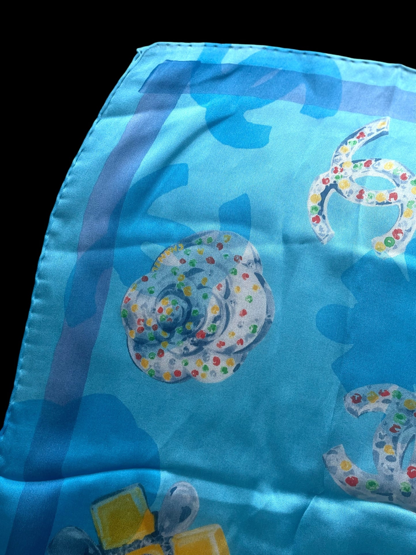 CHANEL Vintage Light Blue Floral Crepe Silk Chiffon Scarf (58 cm by 58 cm) Hand rolled Hem.