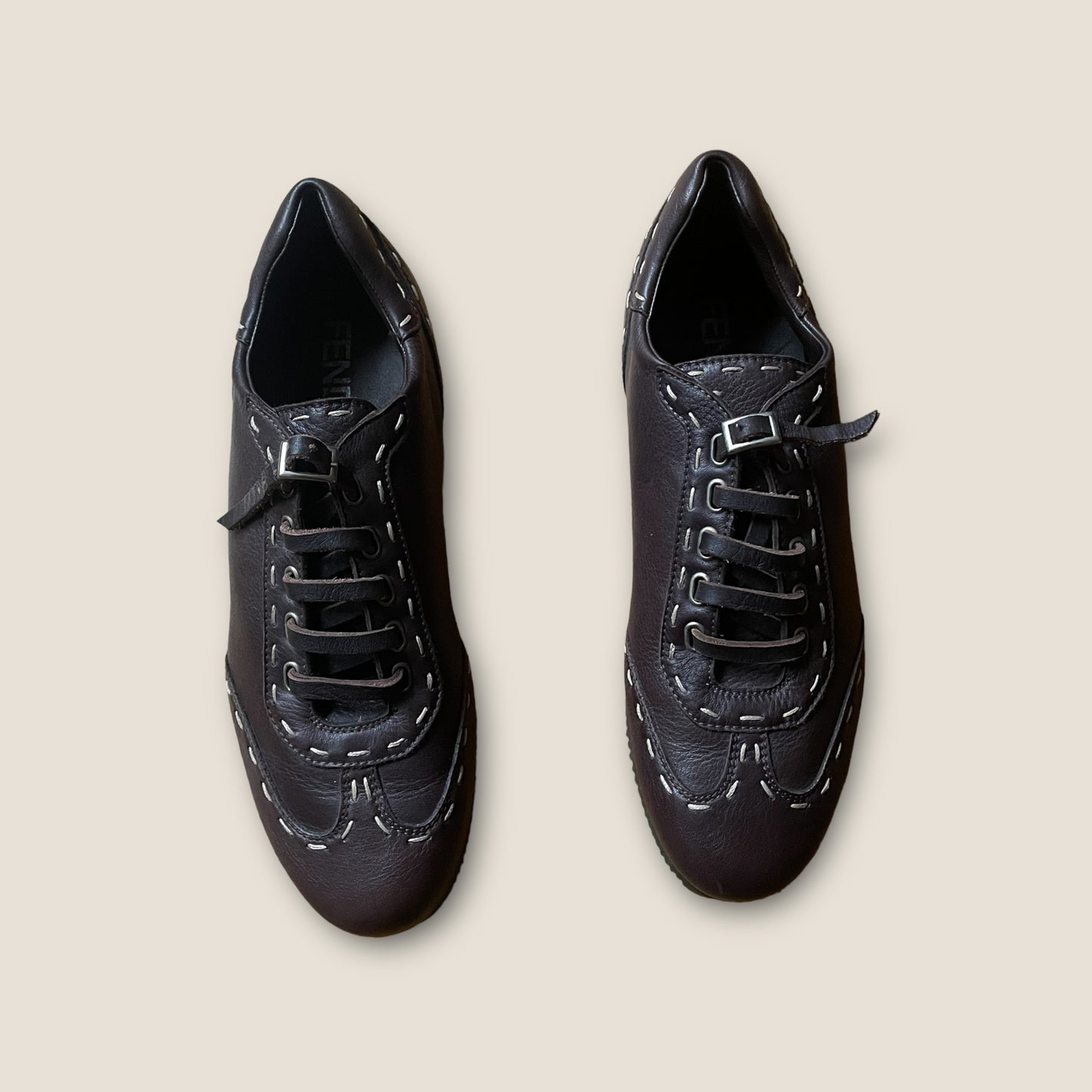FENDI Unisex Dark Brown Leather Flat Car Shoes (Size 39.5)