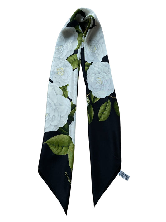 CHANEL Vintage Black Floral Silk Scarf (87 cm by 87 cm) Hand rolled Hem.
