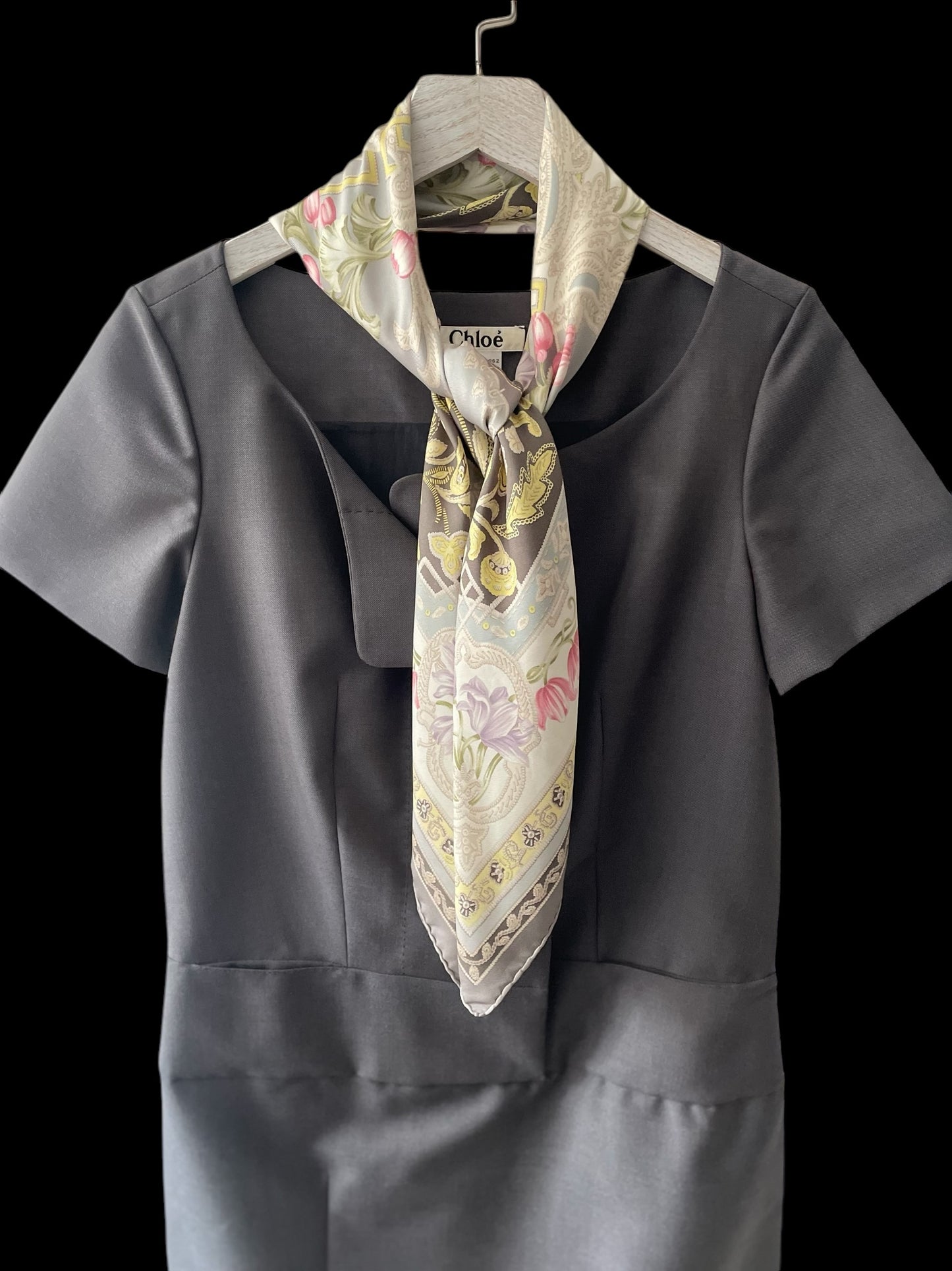 ETRO Vintage Grey Floral Silk Scarf (88 cm by 90 cm) Hand Rolled Hem.