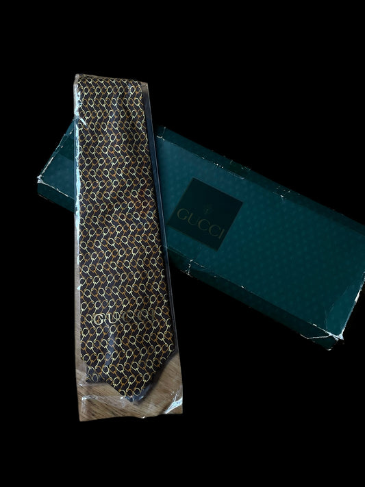 GUCCI Vintage Dark Brown Equestrian Silk Tie (9.7 cm by 144 cm) New in Box.