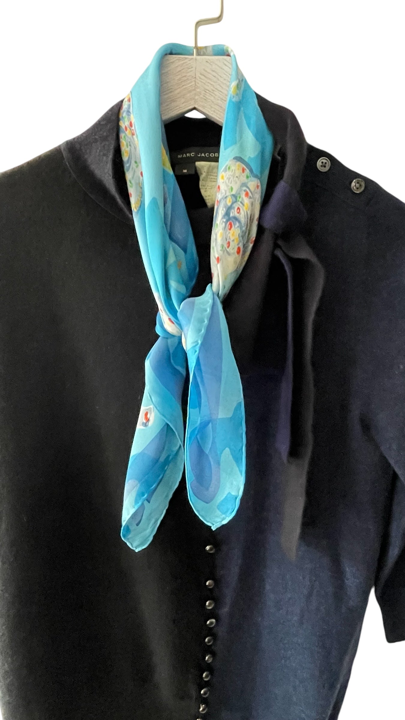 CHANEL Vintage Light Blue Floral Crepe Silk Chiffon Scarf (58 cm by 58 cm) Hand rolled Hem.