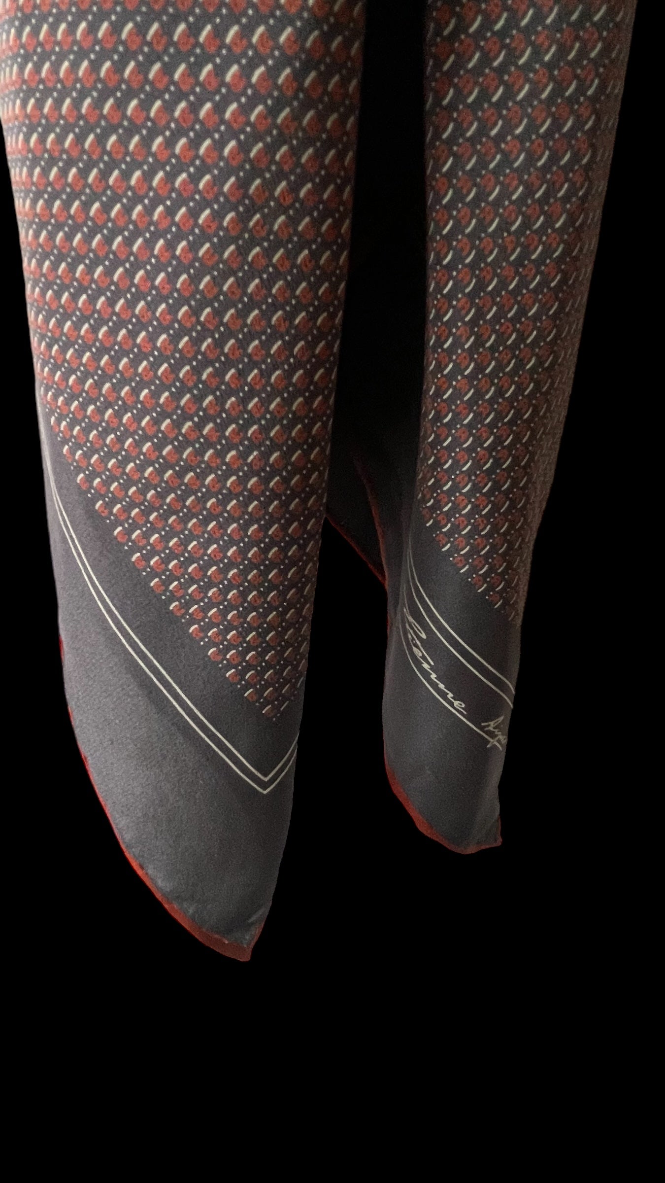 ETIENNE AIGNER Vintage Dark Grey Geometric/Logos Crepe Silk Scarf (87 cm by 87 cm) Hand rolled edges.