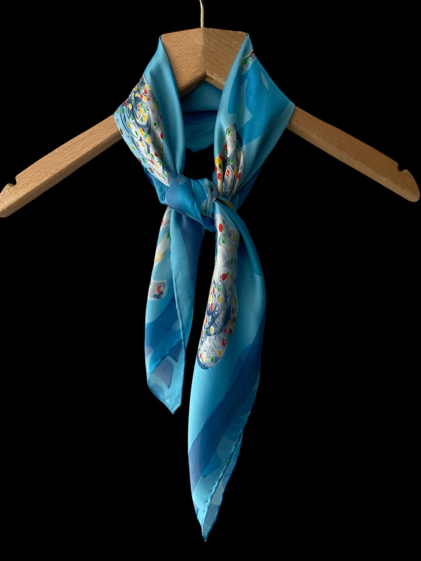 CHANEL Vintage Light Blue Floral Crepe Silk Chiffon Scarf (58 cm by 58 cm) Hand rolled Hem.