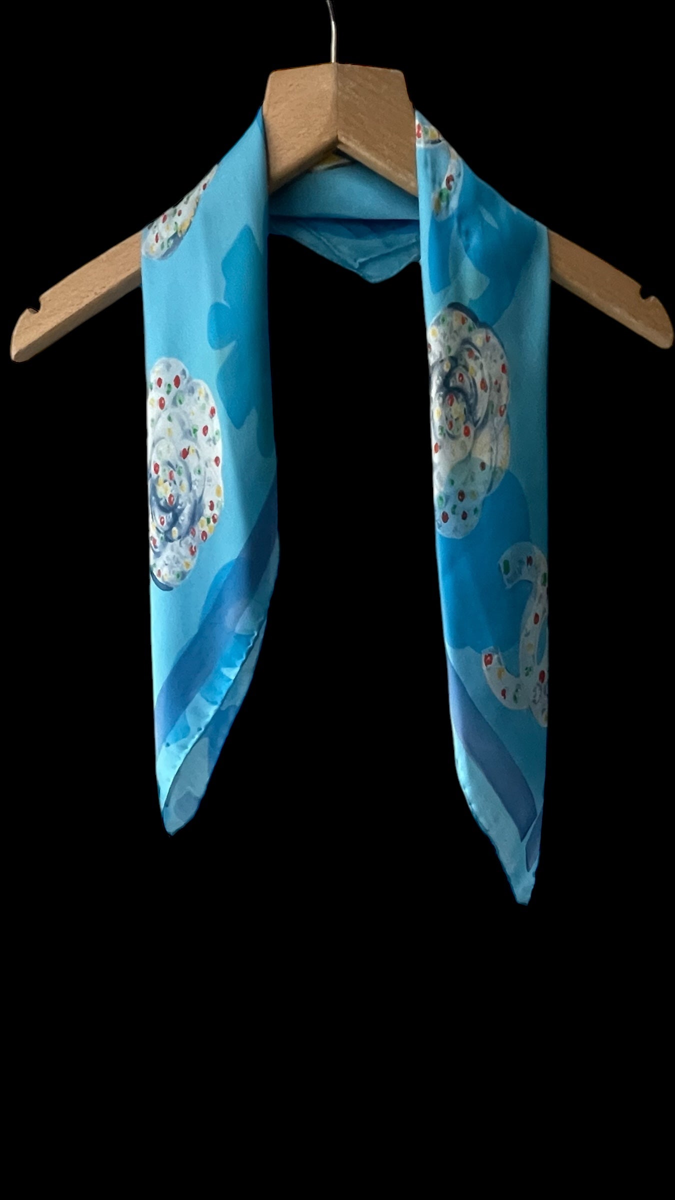 CHANEL Vintage Light Blue Floral Crepe Silk Chiffon Scarf (58 cm by 58 cm) Hand rolled Hem.