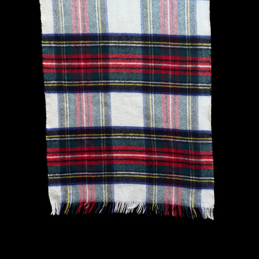 RALLY-KLAD Vintage Off White Tartan Cashmere-Wool Blended Scarf (32.5 cm by 133 cm)