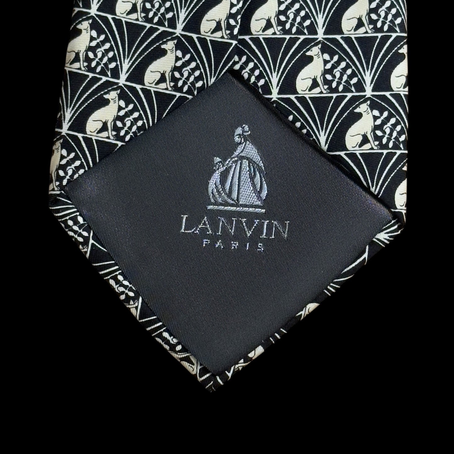 LANVIN Vintage Black Dog/Floral Logos Silk Tie (9.6 cm by 151 cm)