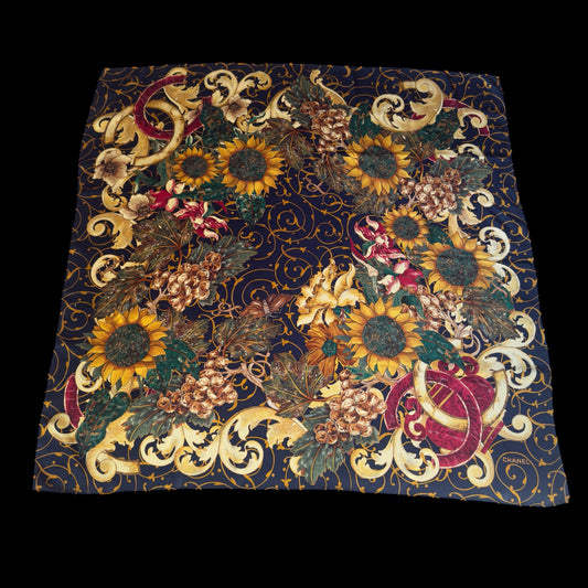 CHANEL Vintage Navy Blue Floral Crepe Silk Scarf (97 cm by 97 cm) Bigger Size