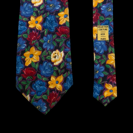 GIVENCHY Couture Vintage Black Floral Crepe Silk Tie (9.5 cm by 143 cm)