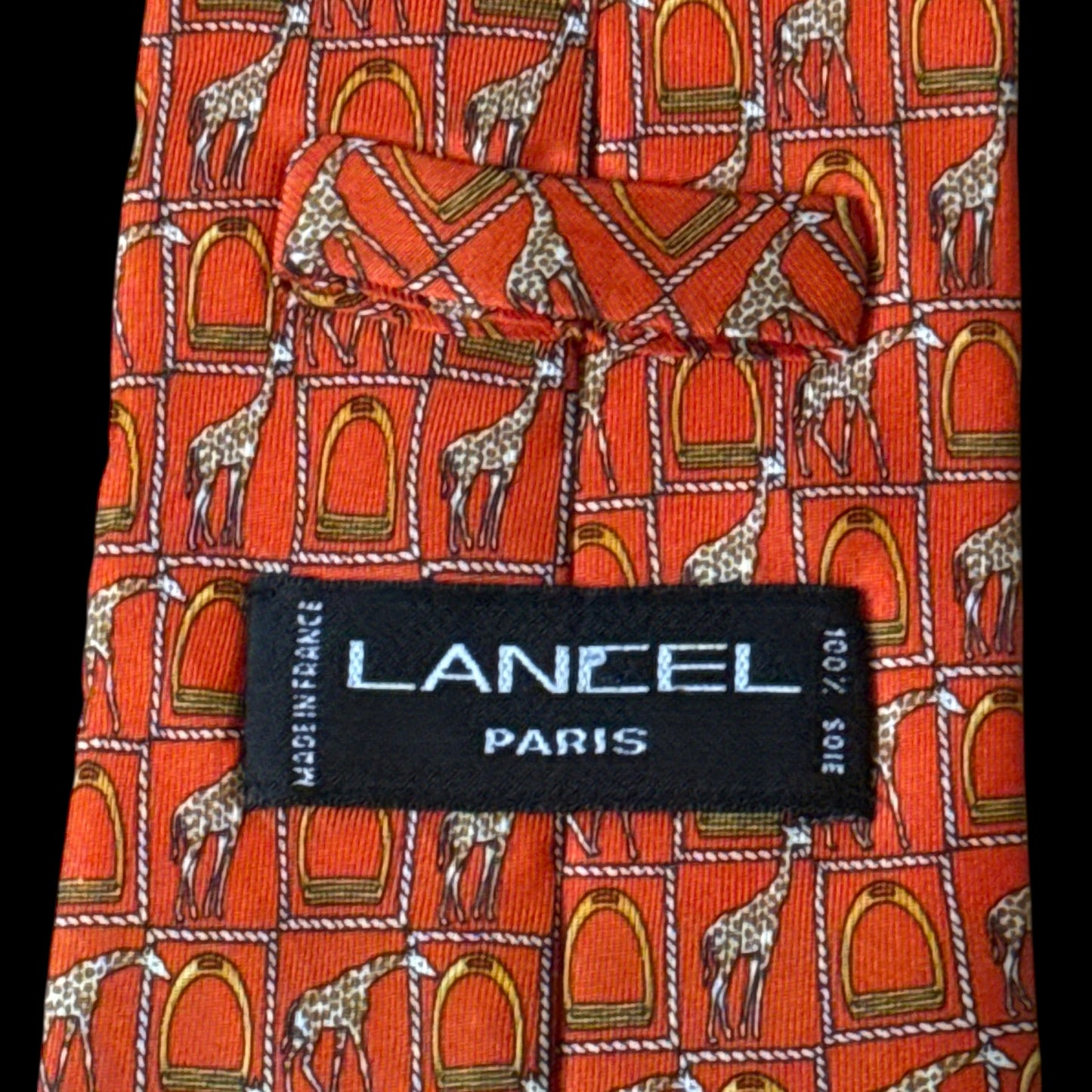 LANCEL Vintage Orange Giraffes/Equestrian Silk Tie (9.5 cm by 150 cm)