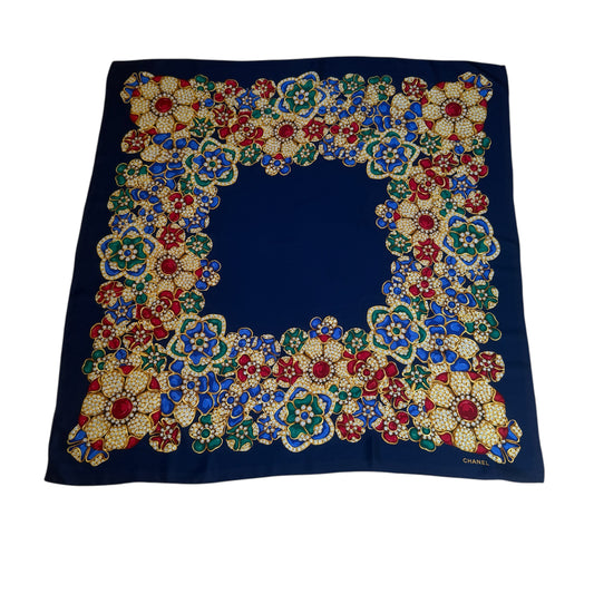 CHANEL Vintage Navy Blue Crepe Silk Scarf (86 cm by 84 cm)
