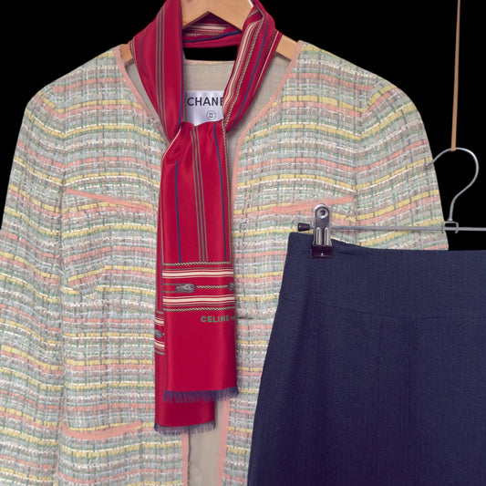 CELINE Vintage Burgundy Equestrian Long Crepe Silk Scarf (29.5 cm by 119 cm)