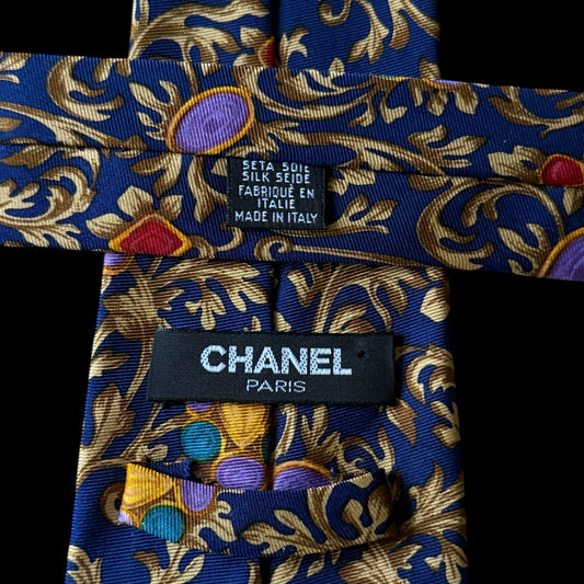 CHANEL Vintage Navy Blue Jewel Silk Tie (9 cm by 146 cm)