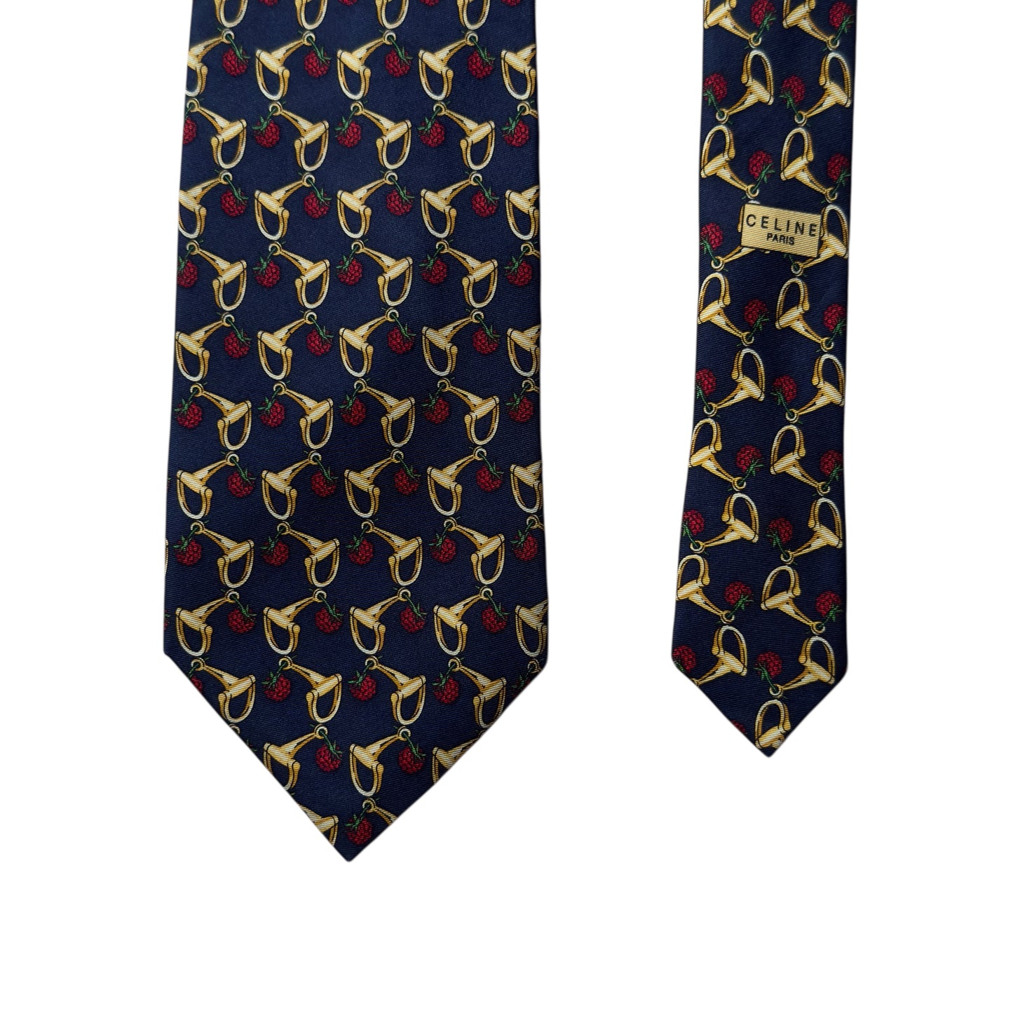 CELINE Vintage Navy Blue Equestrian Fruits Silk Tie (9 cm by 149 cm) Normal Front Width.