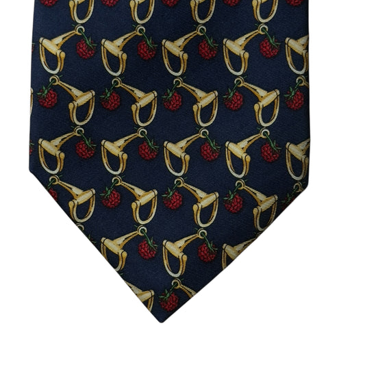 CELINE Vintage Navy Blue Equestrian Fruits Silk Tie (9 cm by 149 cm) Normal Front Width.