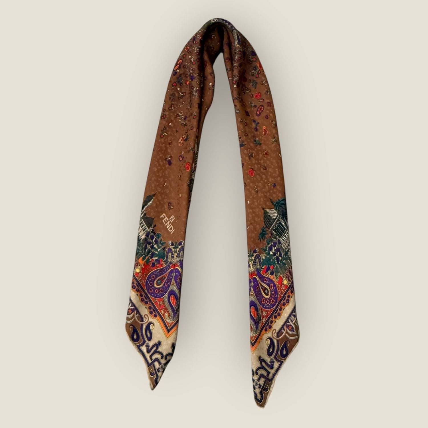 Brown purple and red silk scarf