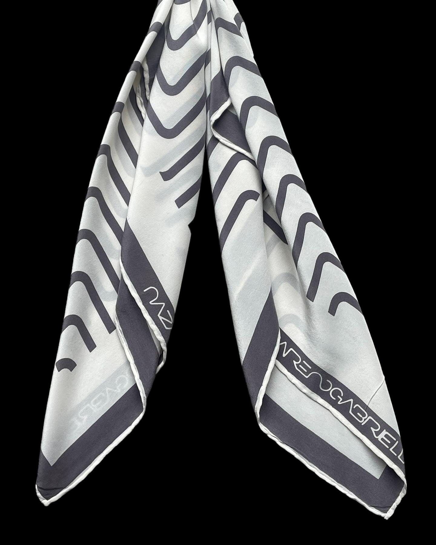 NAZARENO GABRIELLI Vintage White Abstract Stairs Crepe Silk Scarf (87 cm by 83 cm) hand rolled hem.