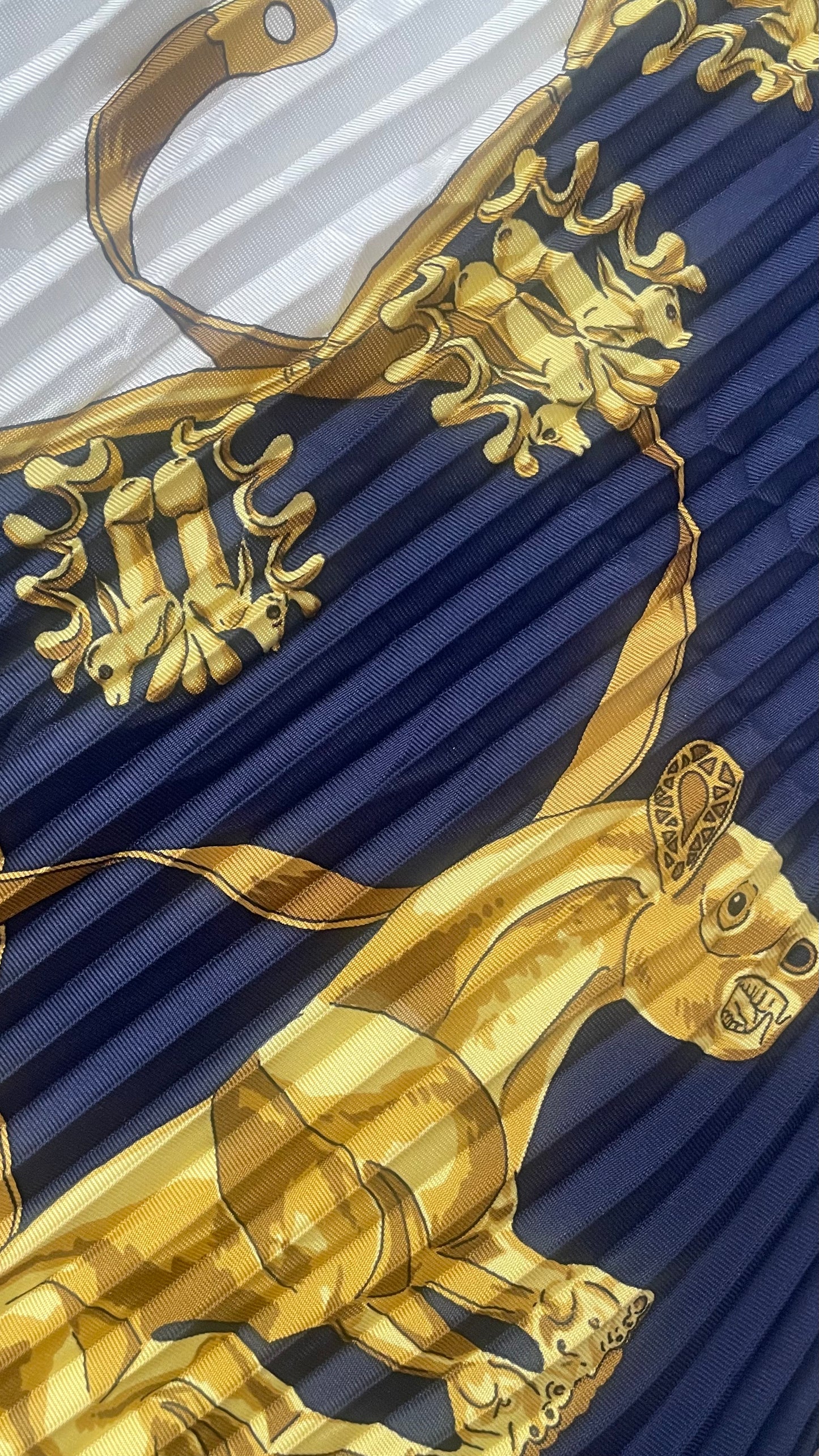 “Les Cavaliers D’or” HERMES Vintage Pleated Silk Scarf designed by Vladimir Rybaltchenko.