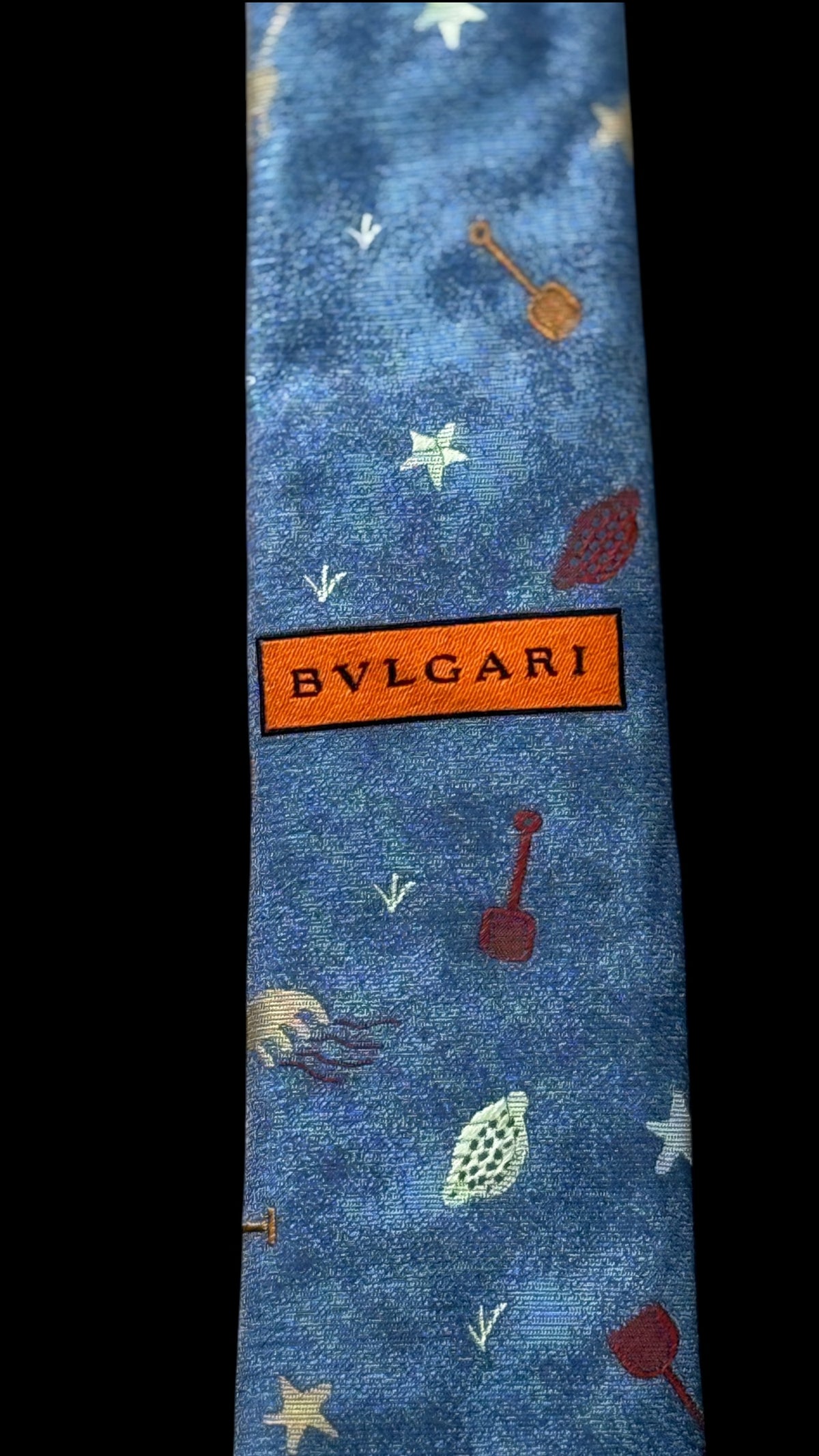 BVLGARI vintage 7-fold blue novelty crepe silk jacquard tie.