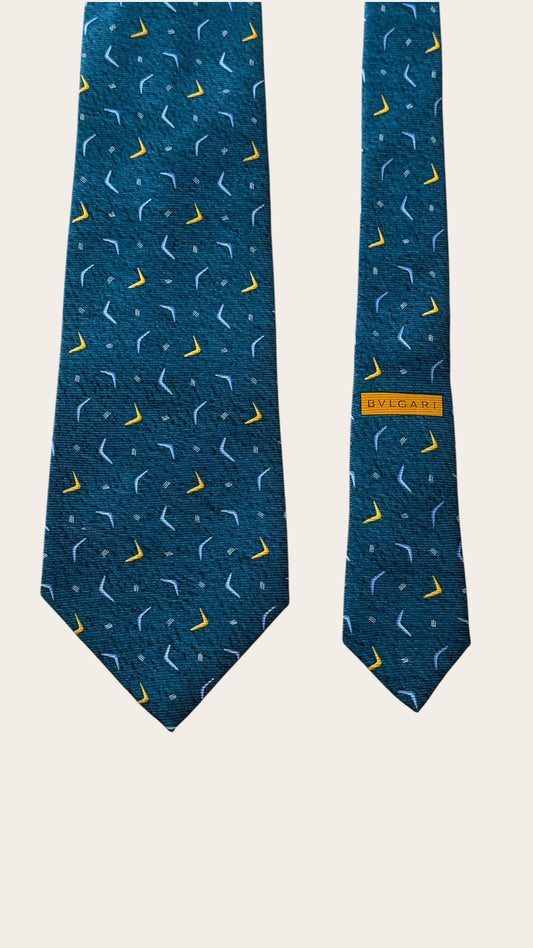BVLGARI vintage 7-fold teal novelty crepe silk tie.