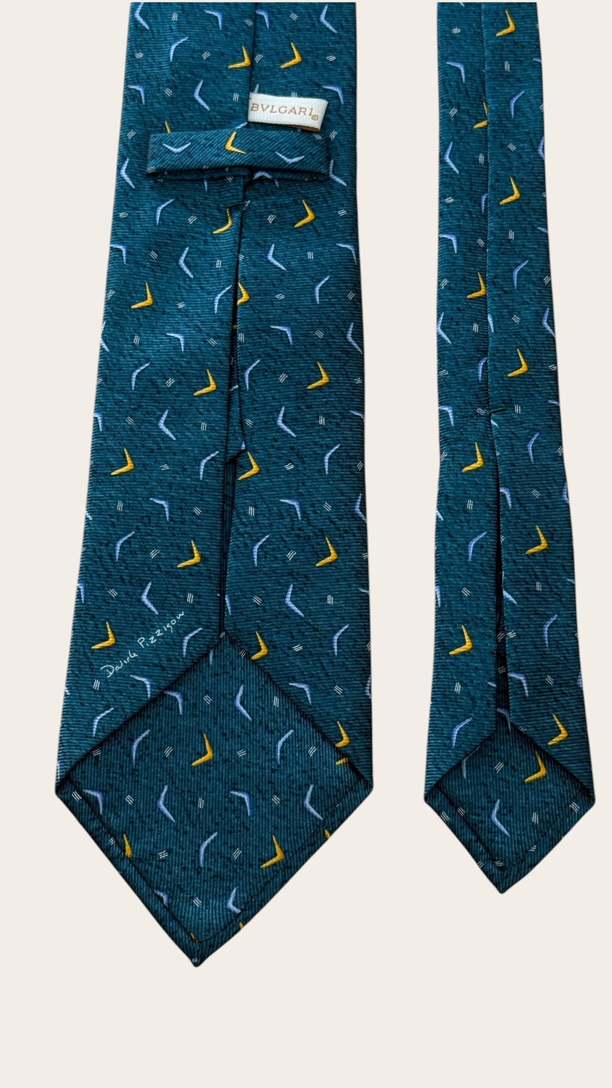 BVLGARI vintage 7-fold teal novelty crepe silk tie.