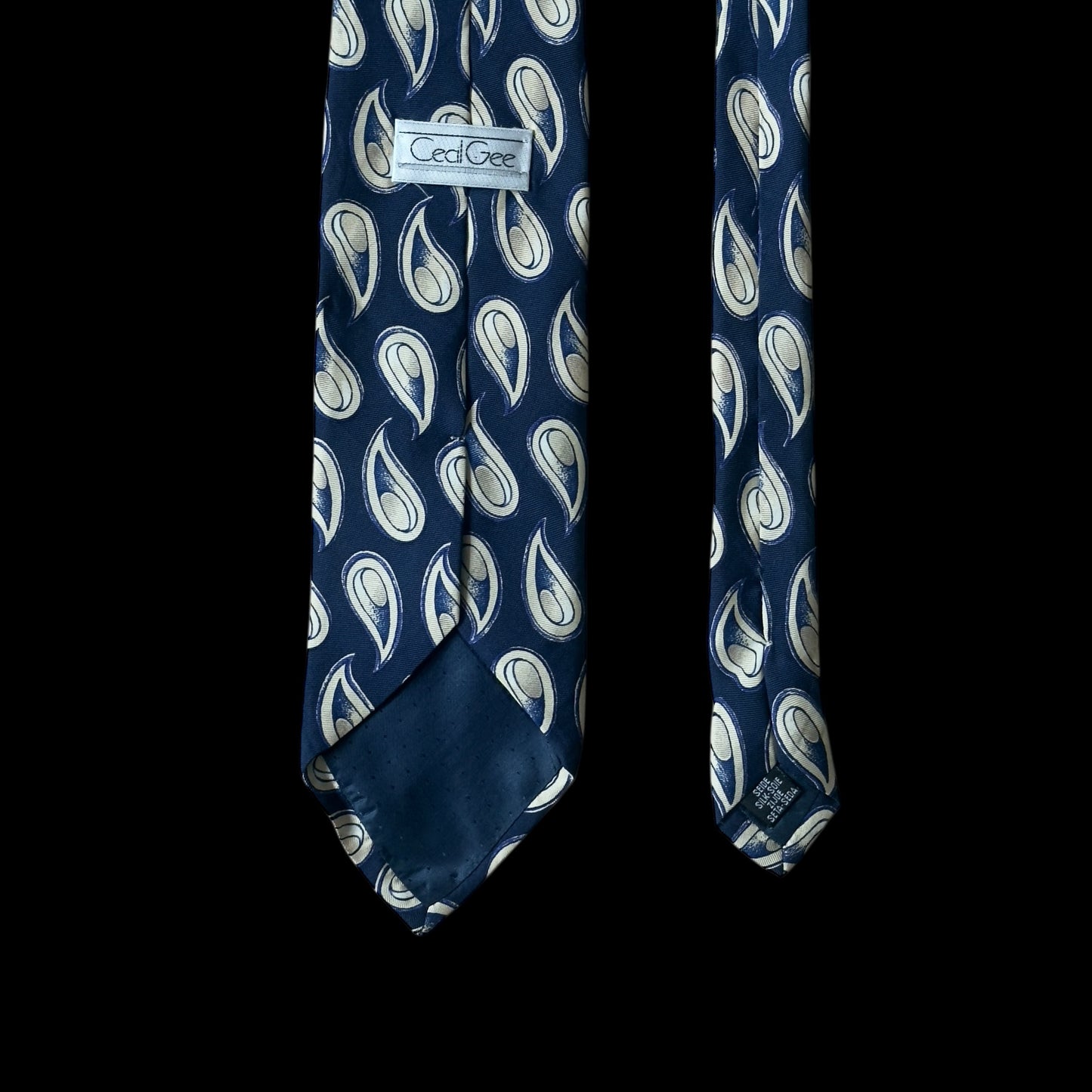 CECIL GEE Vintage Navy Blue Abstract Paisley Silk Tie (9 cm by 151 cm) Normal Front Width.