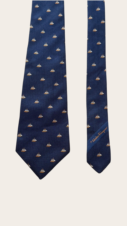 SALVATORE FERRAGAMO vintage navy blue boats silk tie.