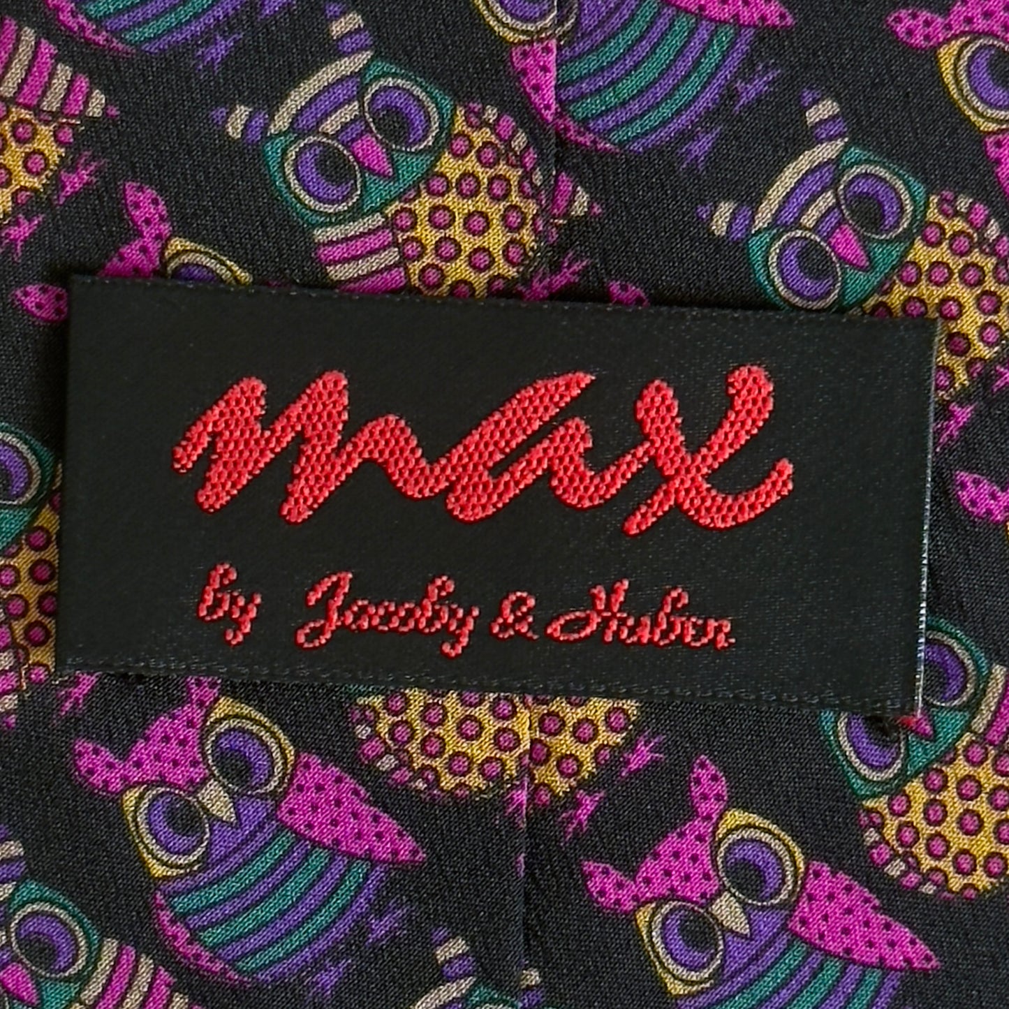 Vintage Black Owls Crepe Silk Tie by MAX (Jacoby & Huben) 9.4 cm by 143.5 cm.