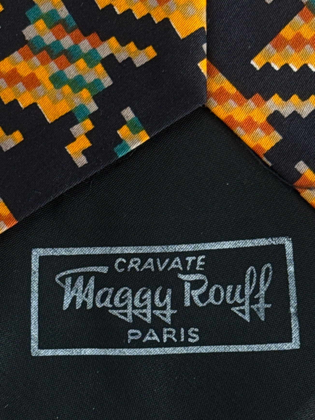 Vintage Black Geometric Silk Tie by MAGGY ROUFF Paris (12 cm by 144.7 cm)