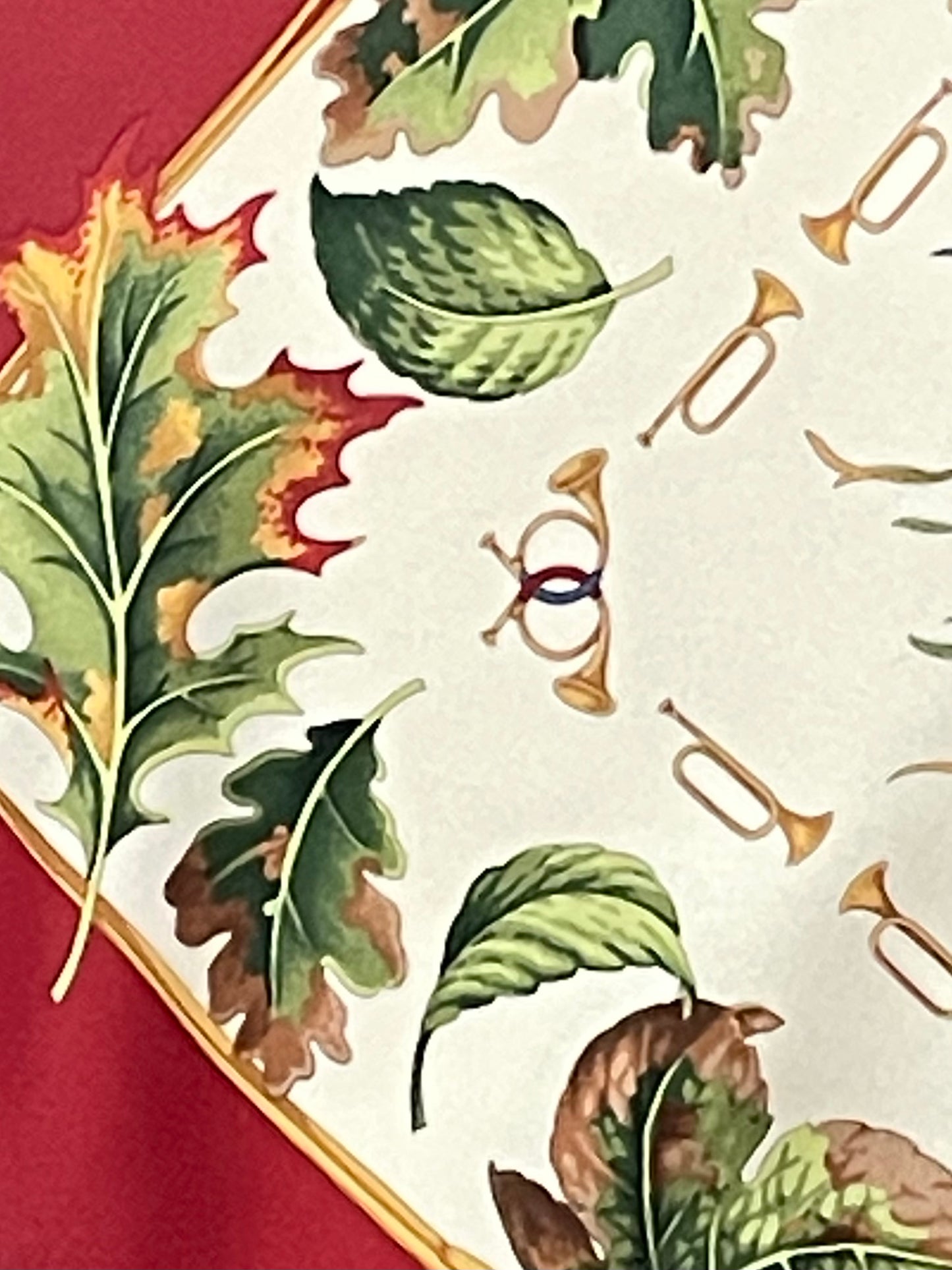 90s Vintage hand-rolled hem silk scarf by SALVATORE FERRAGAMO (88 cm by 86 cm) Birds/Trumpets pattern.