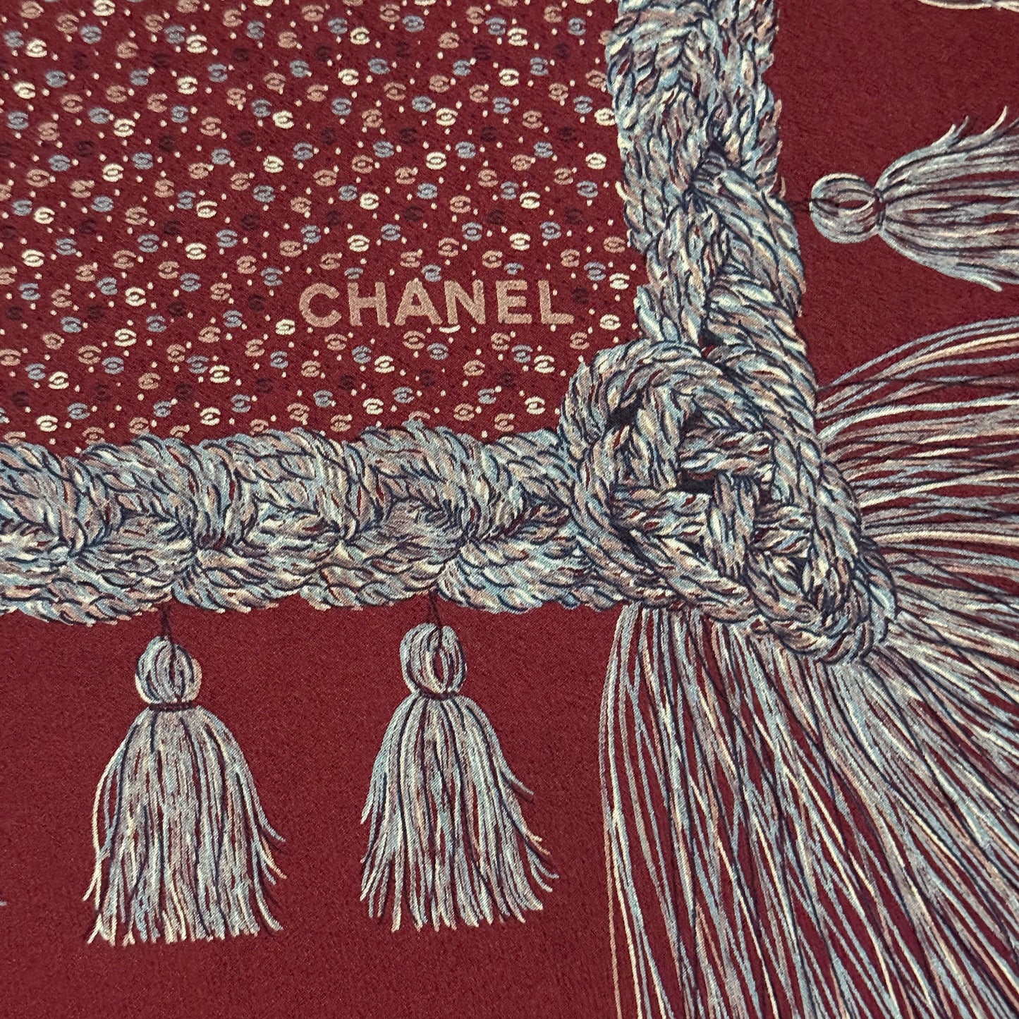 CHANEL Vintage Burgundy Equestrian/Floral Crepe Silk Scarf (84 cm by 85.5 cm)