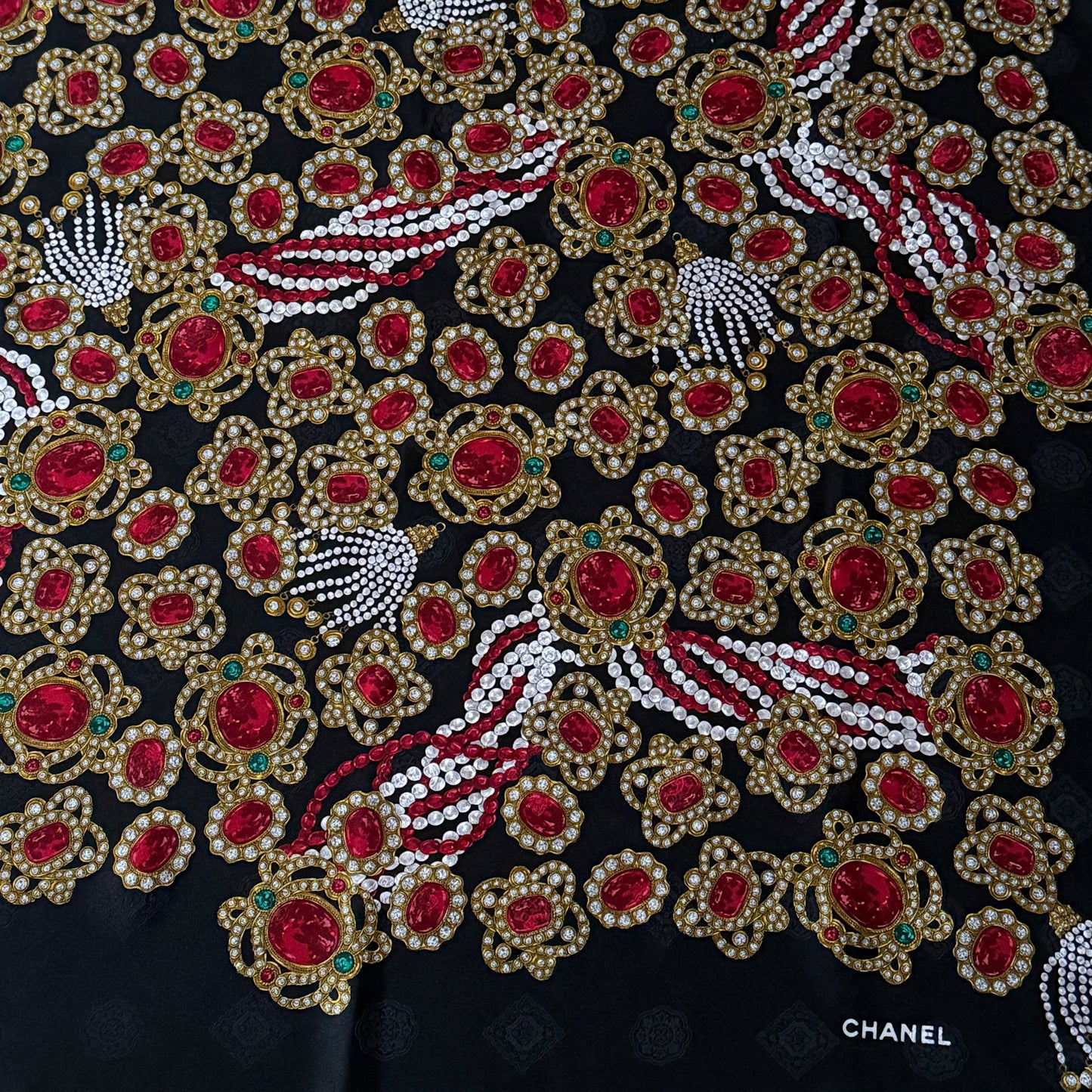 CHANEL Vintage Black Jewel Crepe Silk Jacquard Scarf (87 cm by 87 cm)