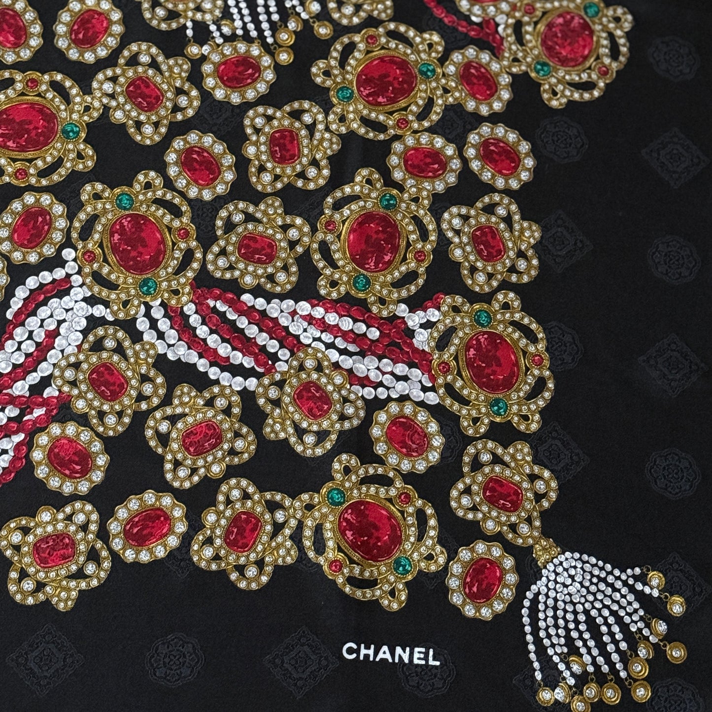 CHANEL Vintage Black Jewel Crepe Silk Jacquard Scarf (87 cm by 87 cm)