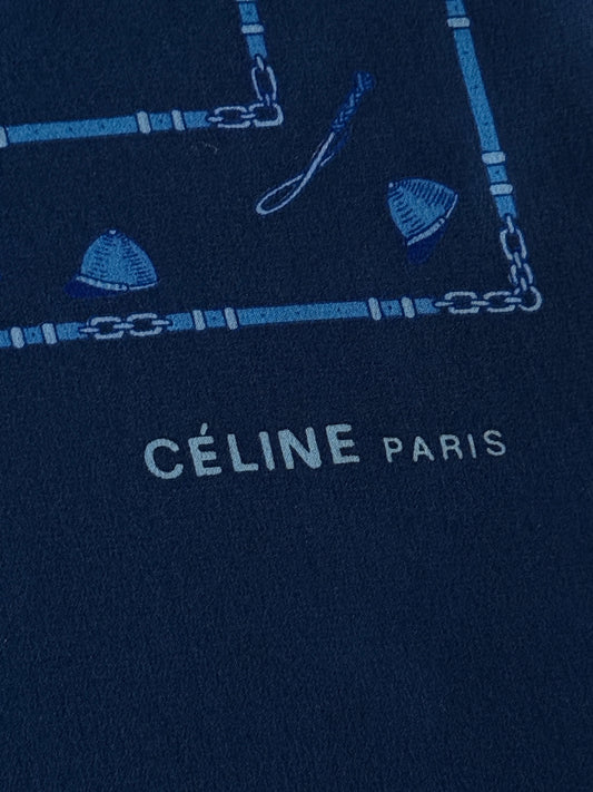 CELINE Vintage Navy Blue Equestrian Long Crepe Silk Scarf (28 cm by 118.5 cm)